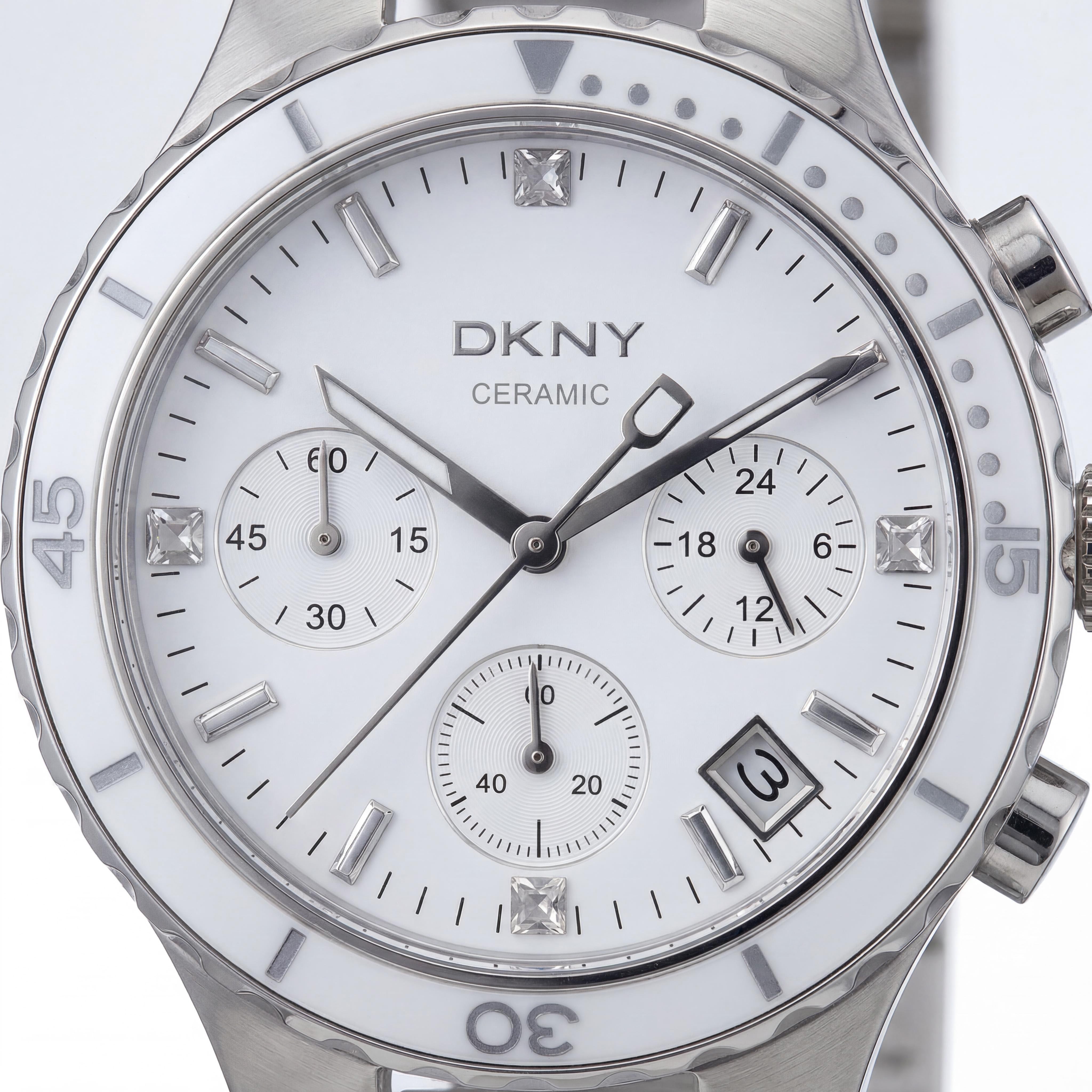 DKNY NY8502 bracelet Women's Quartz Chronograph Watch, Ceramic Bracelet, White Dial, 38mm Stainless Steel Case, Photo 2