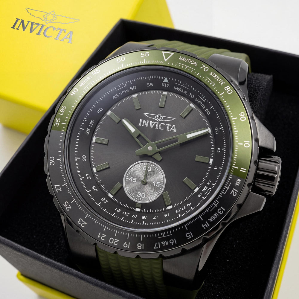 Reloj Invicta Aviator 49323 para hombre, de cuarzo, 50 mm, acero inoxidable, esfera negra, correa de silicona, resistente a 10 ATM