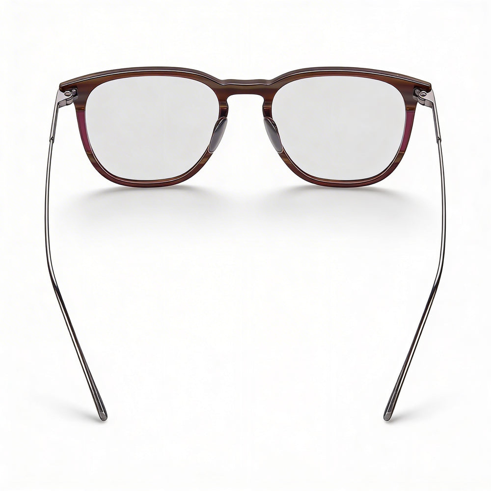 Gafas Lacoste L2828 unisex de acetato con montura a rayas en burdeos y gris, y lentes transparentes 50-19-145
