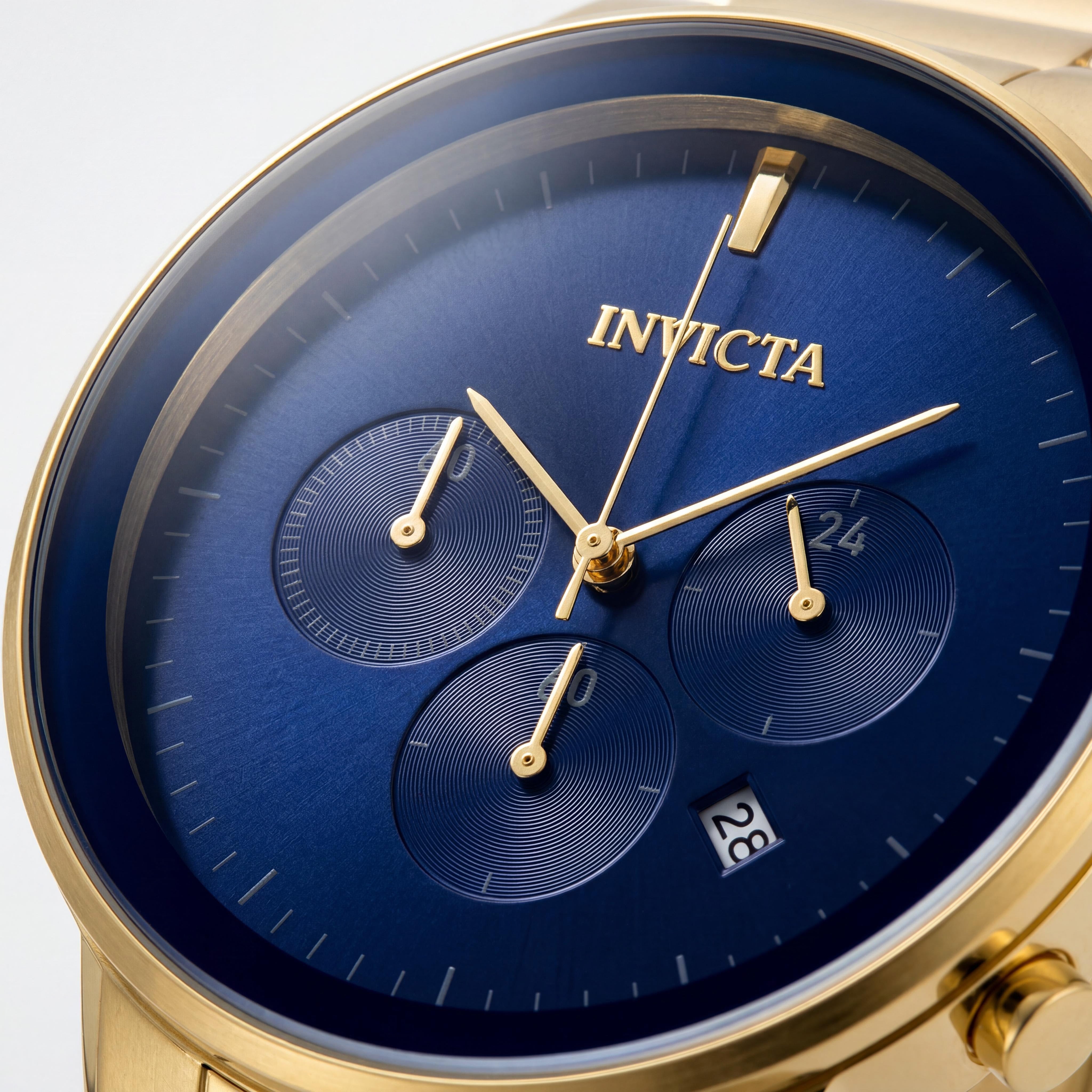 Reloj de cuarzo Invicta para hombre, cronógrafo, fecha, GMT, acero inoxidable tono dorado, esfera azul, 43 mm, resistente al agua, Photo 2