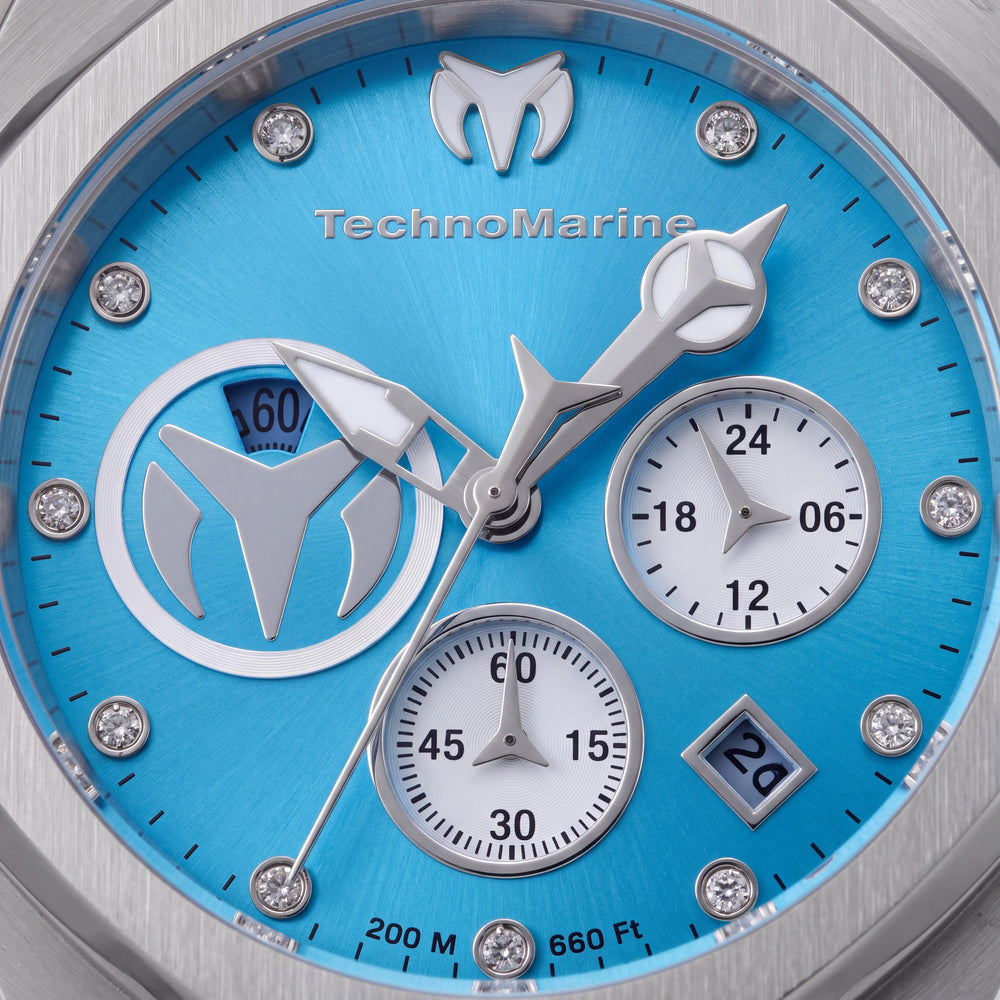 Reloj TechnoMarine Reef - Sun Cronógrafo para Mujer, Caja Plateada, Correa de Silicona Azul Cielo de 40mm