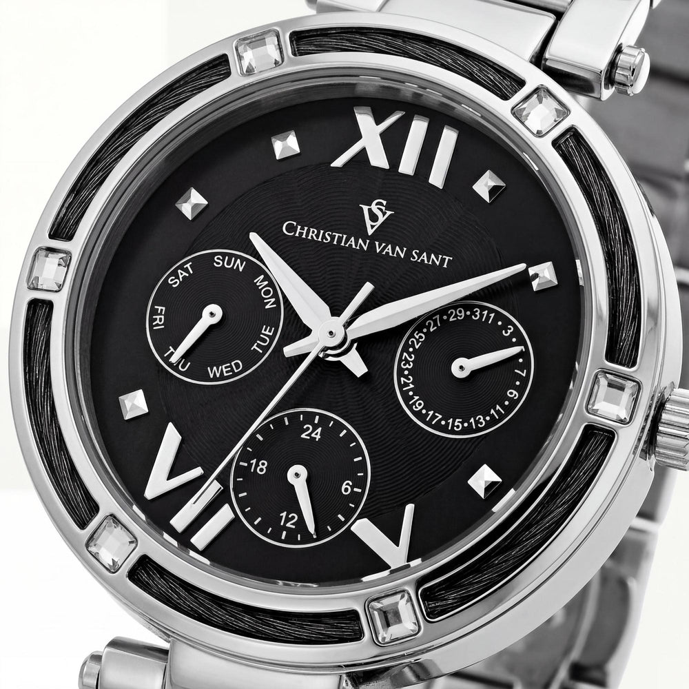 Reloj cronógrafo de pulsera Christian Van Sant para mujer con esfera negra y caja y pulsera de acero inoxidable