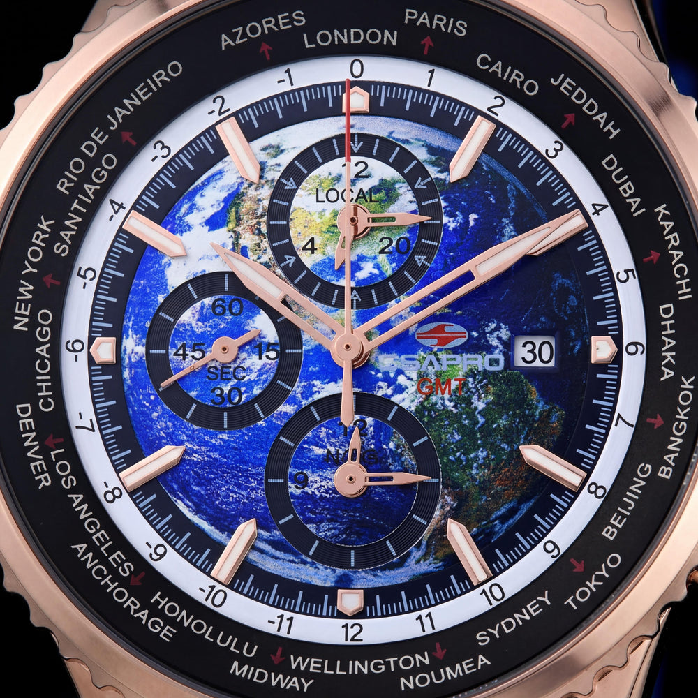 Reloj de hombre Seapro SP7522 con movimiento de cuarzo, esfera azul, caja de acero inoxidable, correa de caucho, hora mundial, GMT y alarma