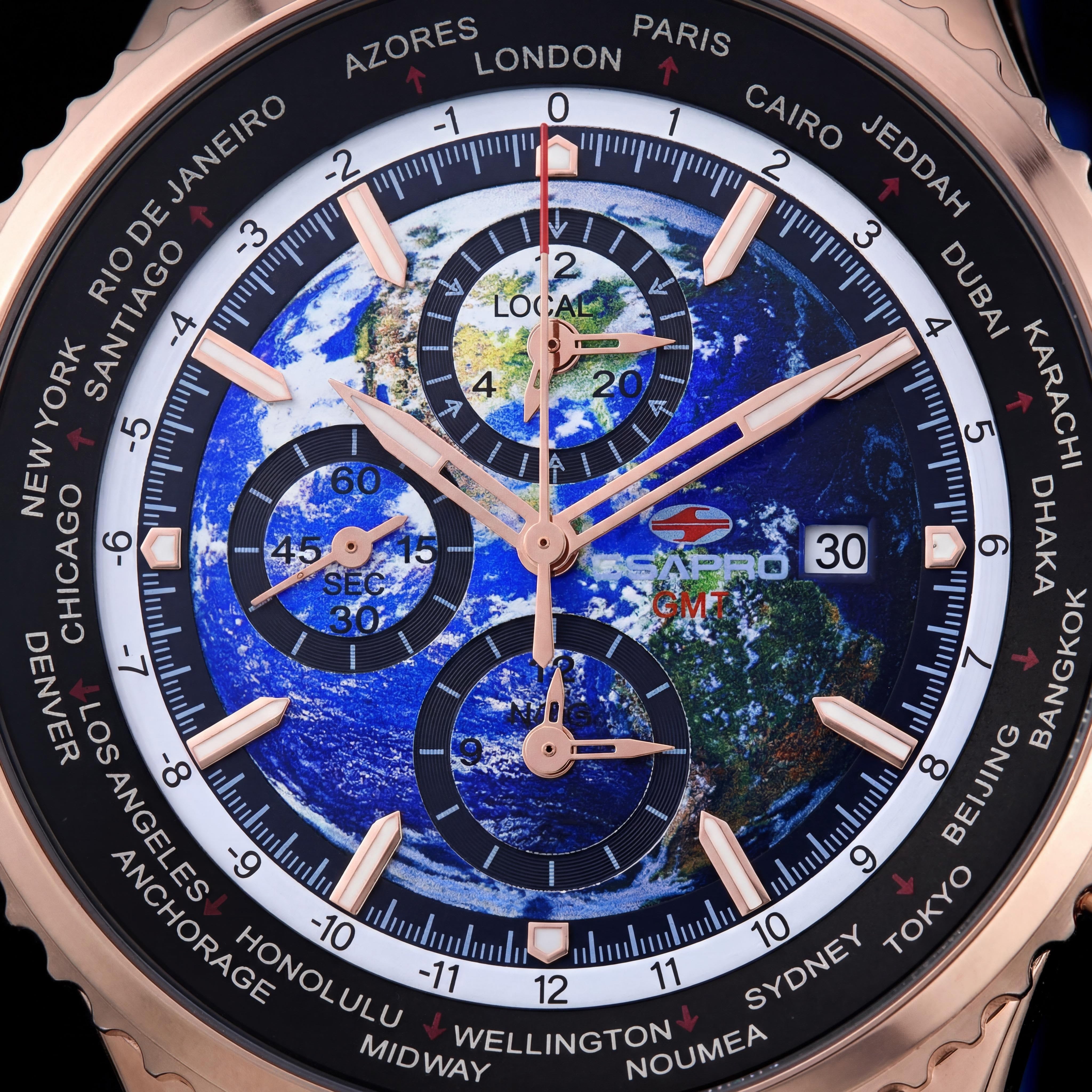 Seapro SP7522 Quartz Movement Men's Blue Dial Stainless Steel Case Rubber Strap World Timer GMT Alarm Watch, Photo 2