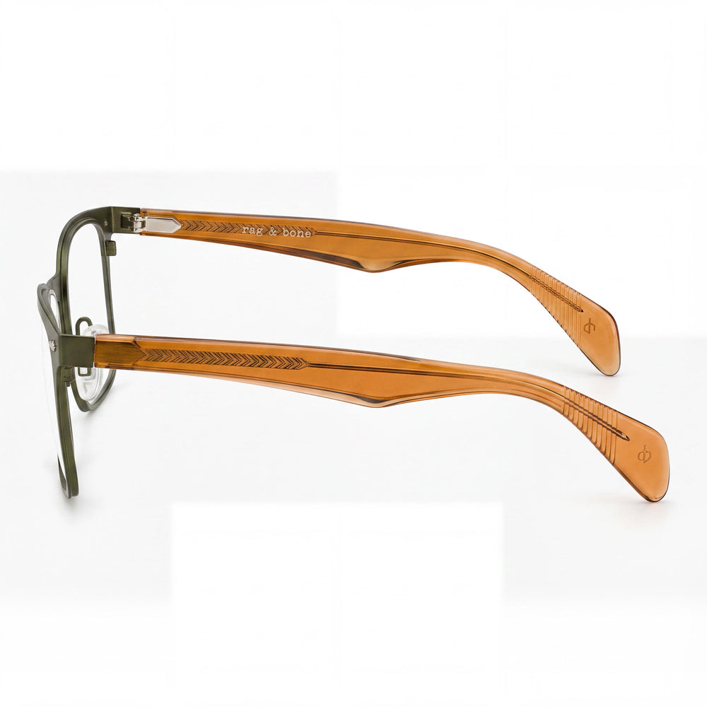 Armazones de metal para gafas de receta Rag & Bone Rnb 7002 para hombres, color café oliva oscuro, con lentes de 54 mm, puente de 19 mm, patillas de 145 mm