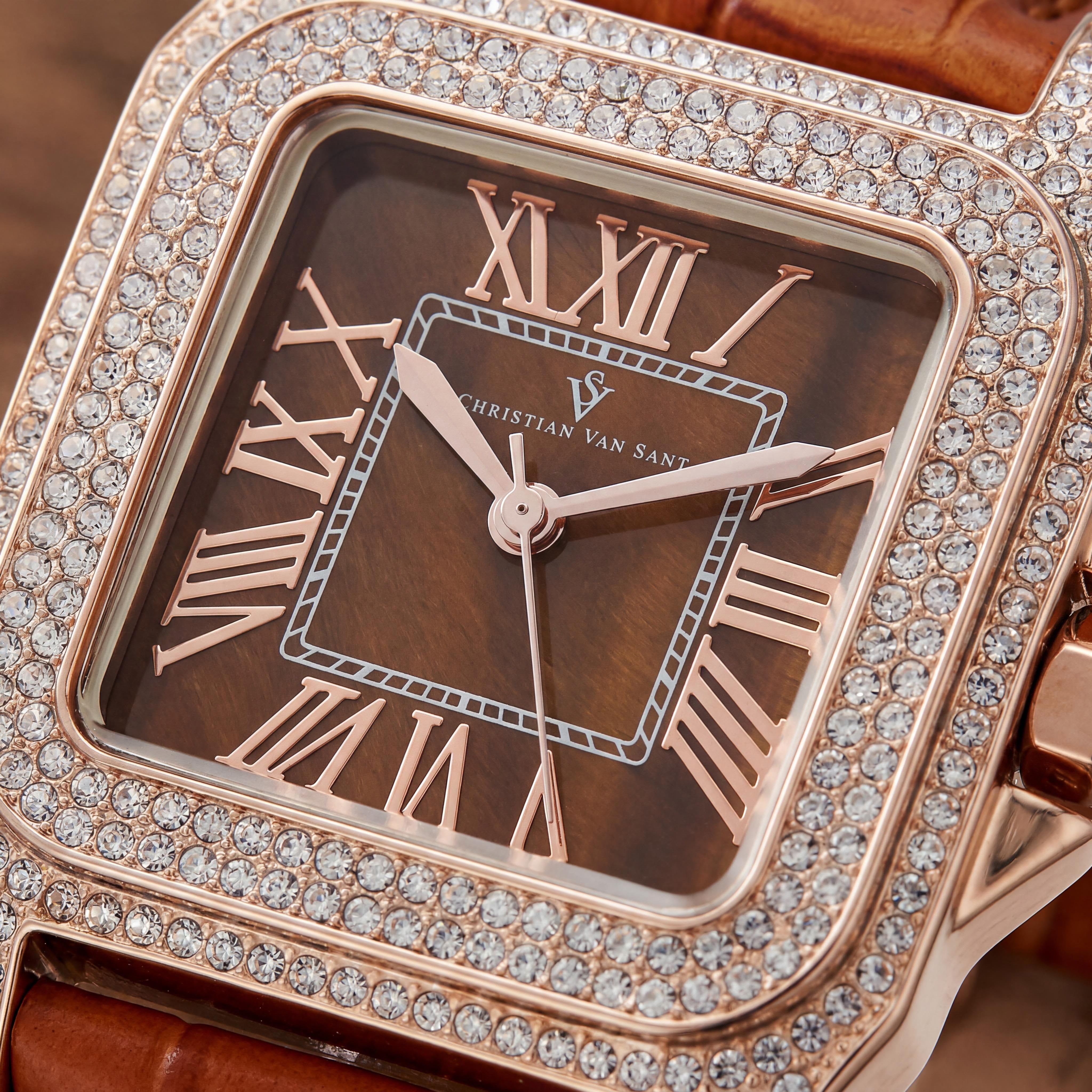 Christian Van Sant CV4423 Radieuse Women's Brown Leather Strap Brass Case Quartz Water Resistant Watch with Crystals, Rose Gold Accents 41mm, Photo 2