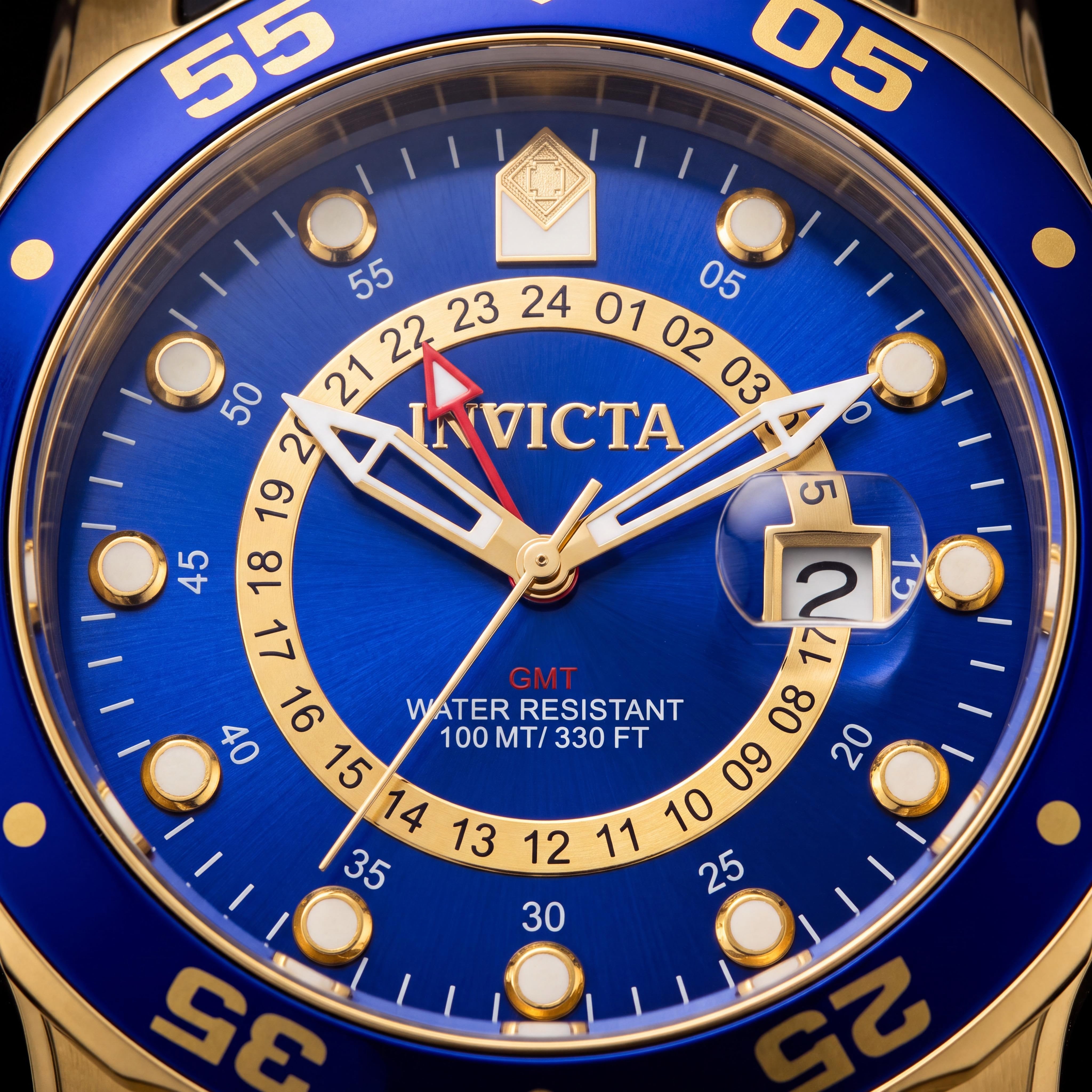 Invicta Men's Pro Diver Collection Casual Gold-Tone Blue Dial Black Polyurethane GMT Swiss Quartz Watch, Photo 2