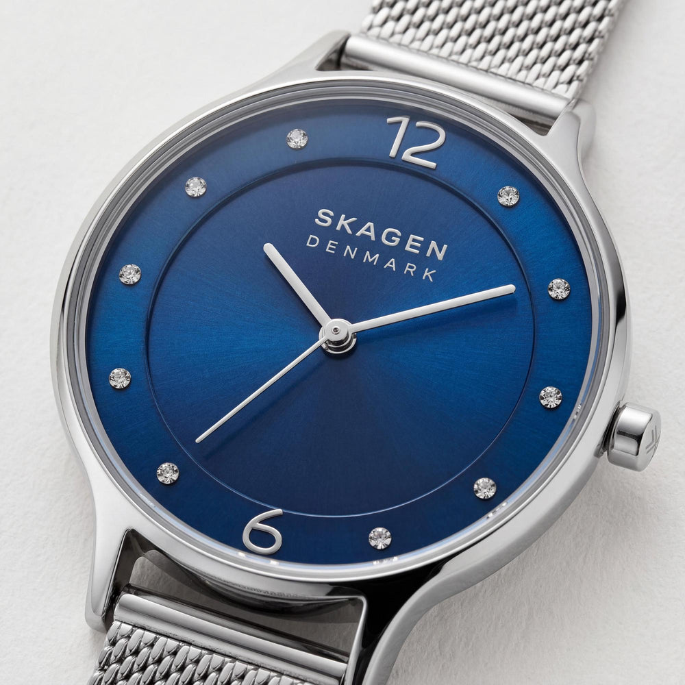 SKAGEN DENMARK Women's Anita Lille Silver Mesh Blue Dial Stainless Steel Quartz Analog Watch, Second Hand, Water Resistant 30m