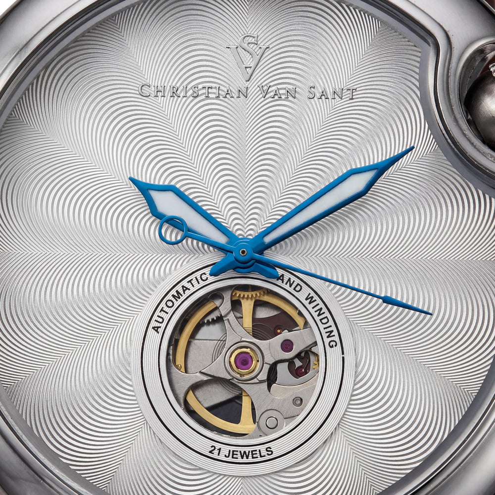 Christian Van Sant CV0141 Cyclone Automatic Men's Brown Silver Stainless Steel Case Leather Strap 46mm Watch