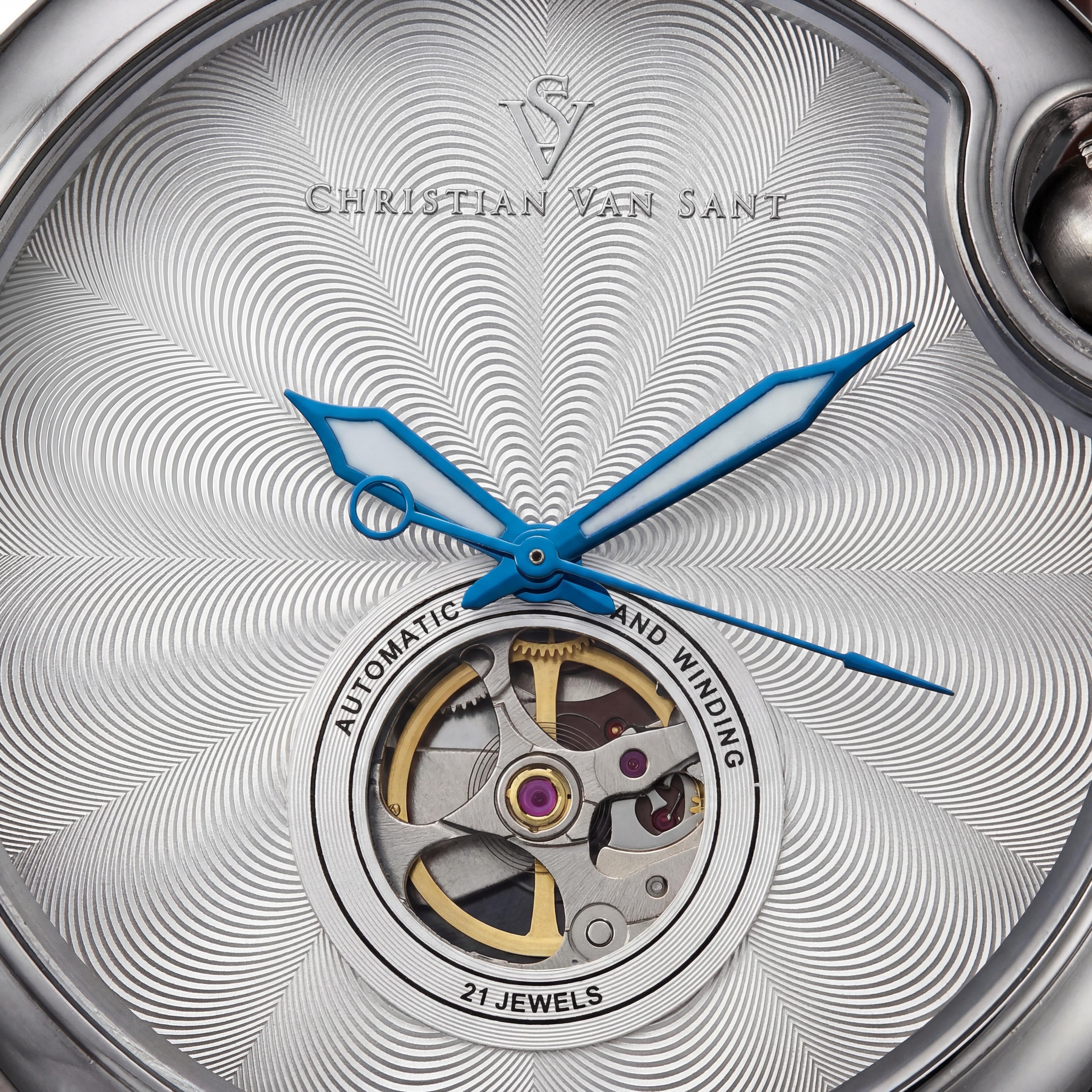 Christian Van Sant CV0141 Cyclone Automatic Men's Brown Silver Stainless Steel Case Leather Strap 46mm Watch, Photo 2