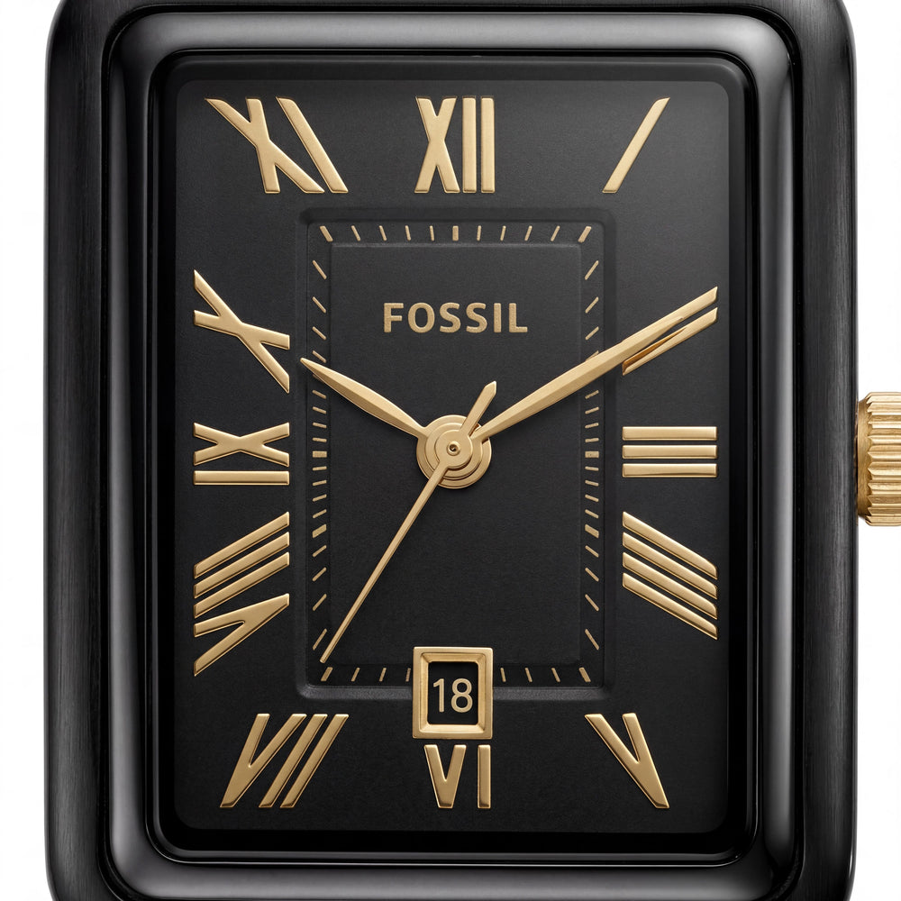 Fossil Raquel ES4317 - Reloj rectangular para mujer con correa de siete eslabones de acero inoxidable pulido negro, caja de 23 mm