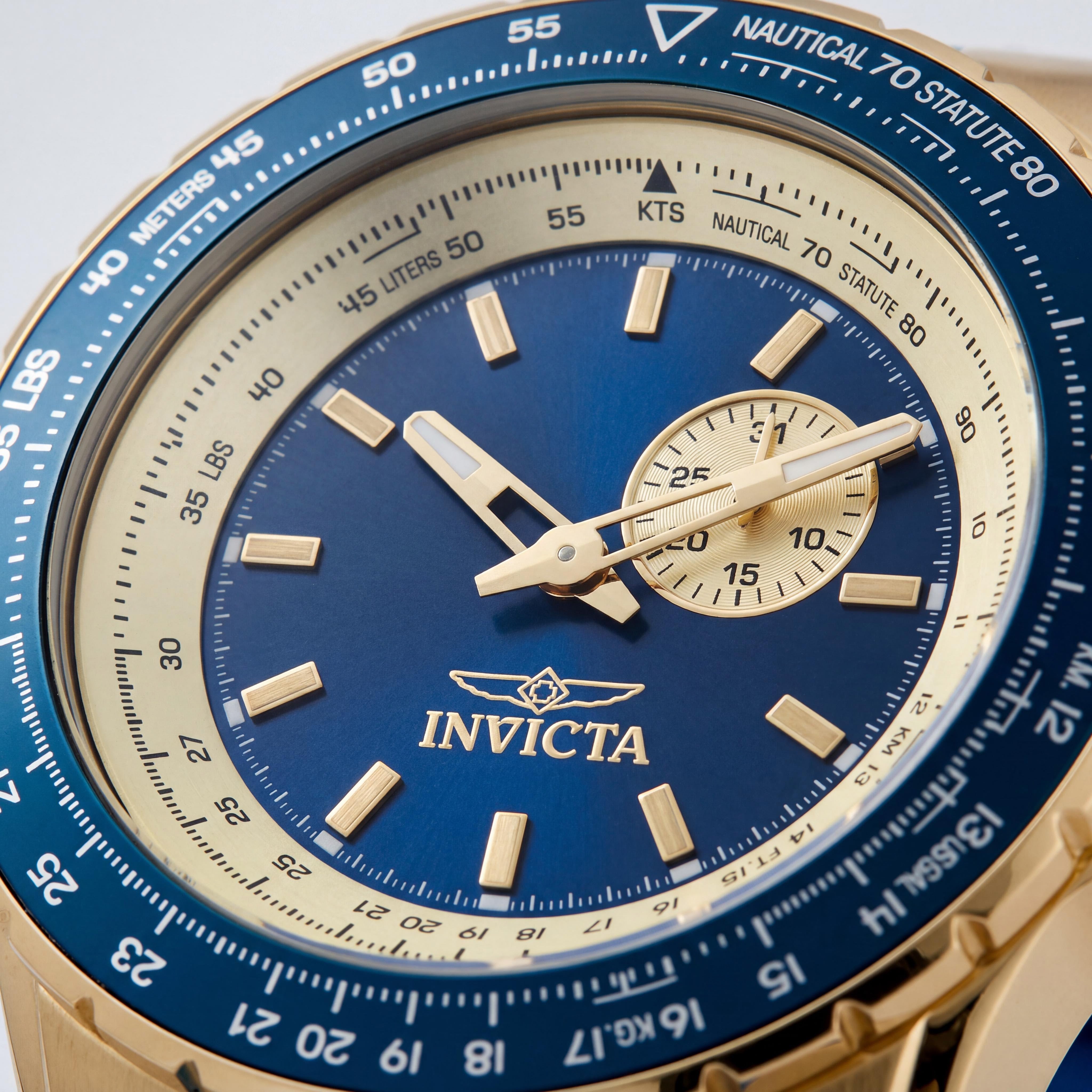Invicta Aviator 49727 Reloj Unisex de Cuarzo de Acero Inoxidable Tono Dorado con Esfera Azul y Correa de Silicona de 50 mm Resistente al Agua, Photo 2