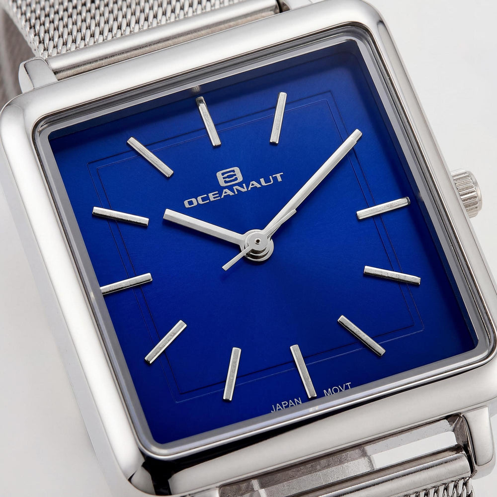 Reloj de cuarzo Oceanaut para mujer, acero inoxidable, esfera azul plateada, resistente al agua, cristal mineral resistente a arañazos.