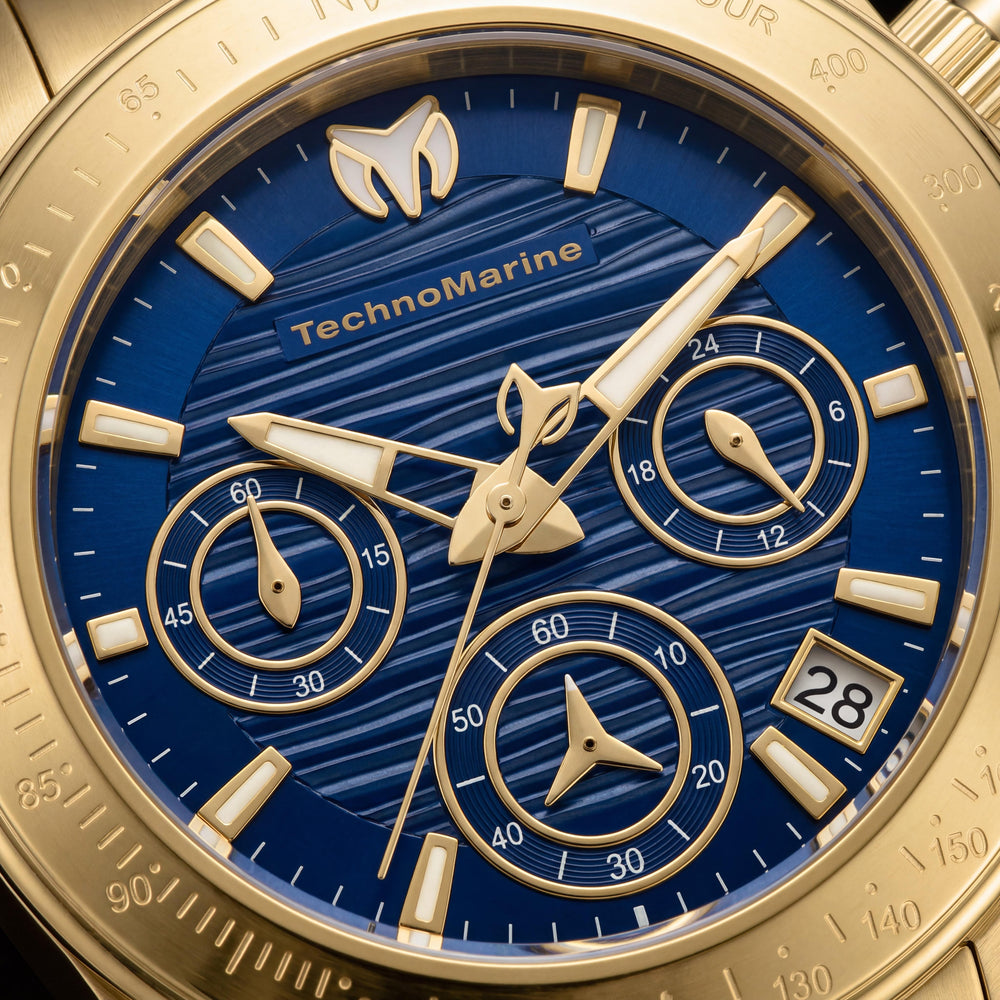 Reloj Technomarine Manta TM-219015 para mujer, cronógrafo de pulsera, resistente al agua, acero inoxidable dorado, esfera azul, 38 mm