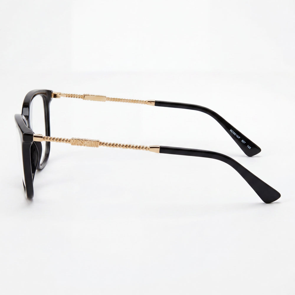Gafas Moschino Modern para mujer con montura de acetato negro, lentes de 54 mm, puente de 15 mm y patillas de 145 mm.