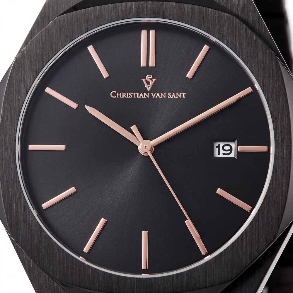 Christian Van Sant CV0525 Octavius Slim, reloj de cuarzo para hombre con esfera negra, caja y correa de acero inoxidable y fecha
