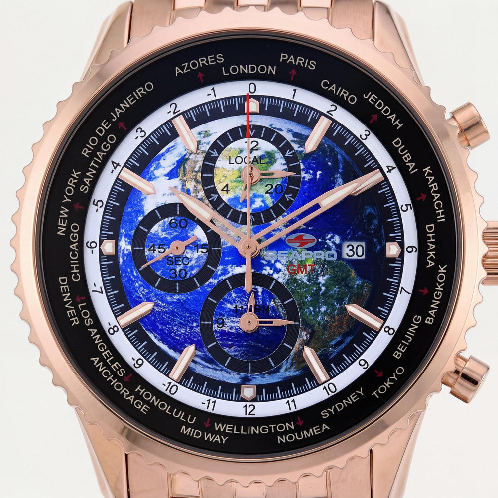 Reloj de pulsera Seapro para hombre, esfera azul, movimiento de cuarzo, temporizador mundial, GMT, despertador, resistente al agua 100 m
