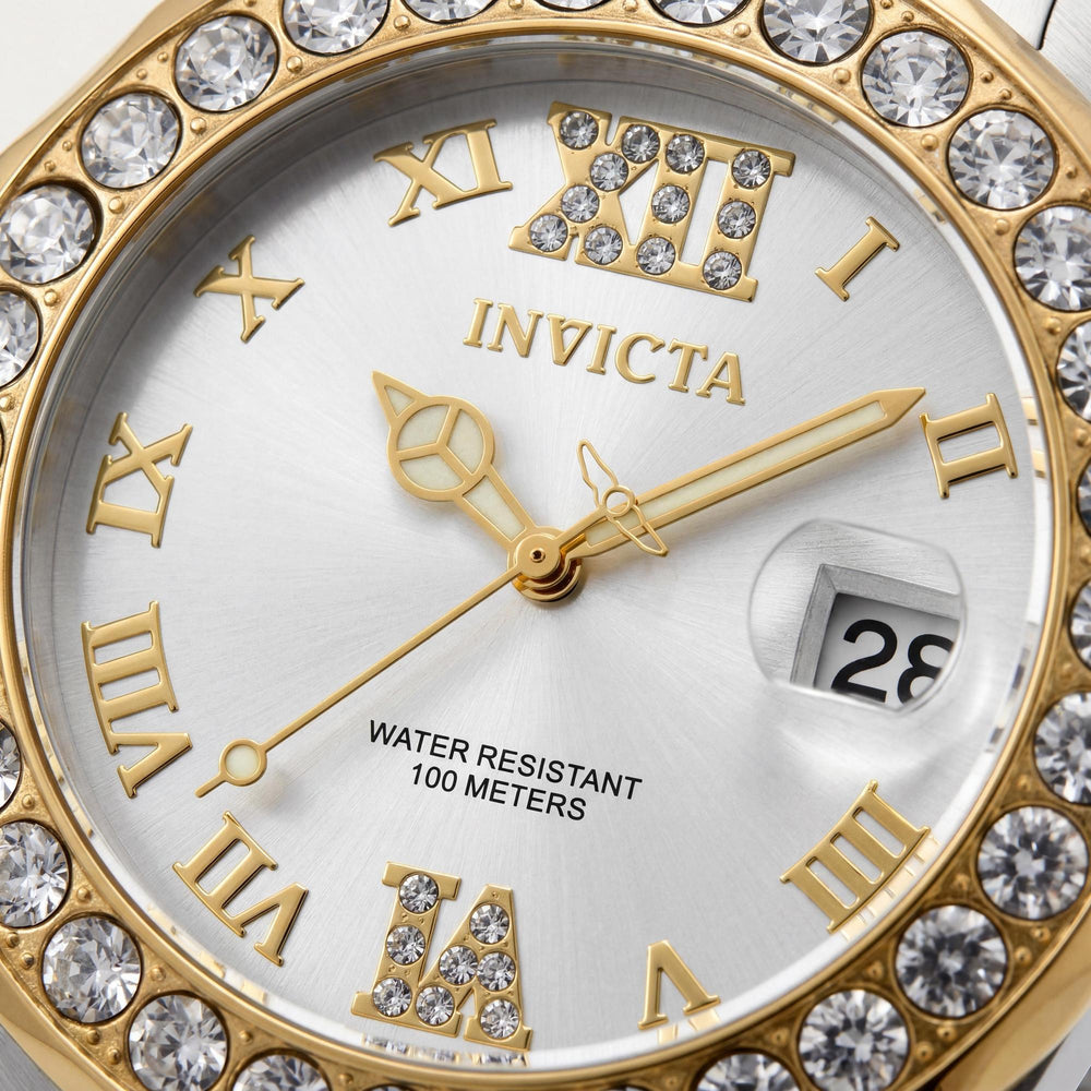 Reloj Invicta Pro Diver 20215 para mujer, de acero inoxidable bicolor, 38 mm, esfera plateada con efecto rayos de sol y cristales engastados, resistente al agua.