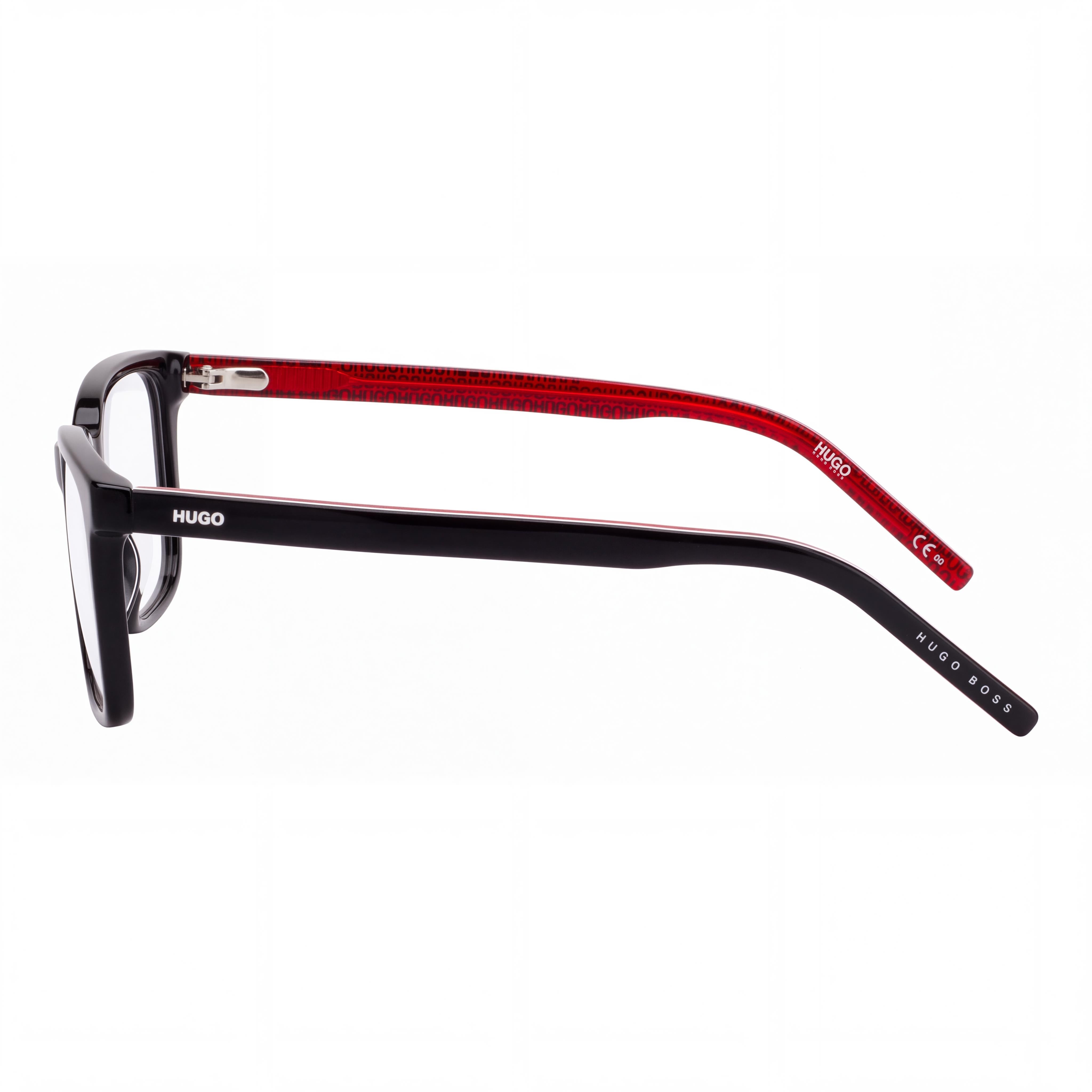 HUGO Rectangular Square Unisex Acetate Eyewear Shiny Black Transparent Red 54-16-145mm, Photo 3