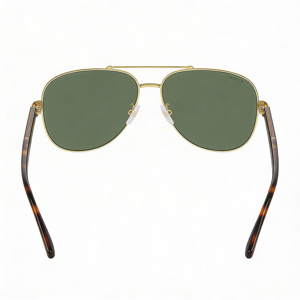 Gafas de sol unisex Gucci Aviators de plástico con protección UV, montura dorada, lentes verdes, ancho de lente de 63 mm.
