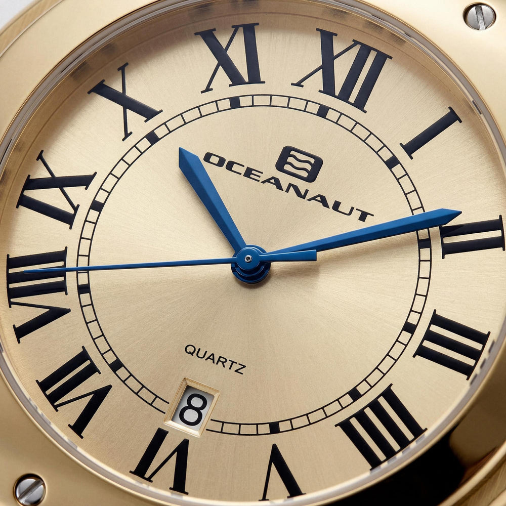 Reloj Oceanaut de acero inoxidable dorado para hombre, resistente al agua y con movimiento de cuarzo, cristal mineral resistente a arañazos.