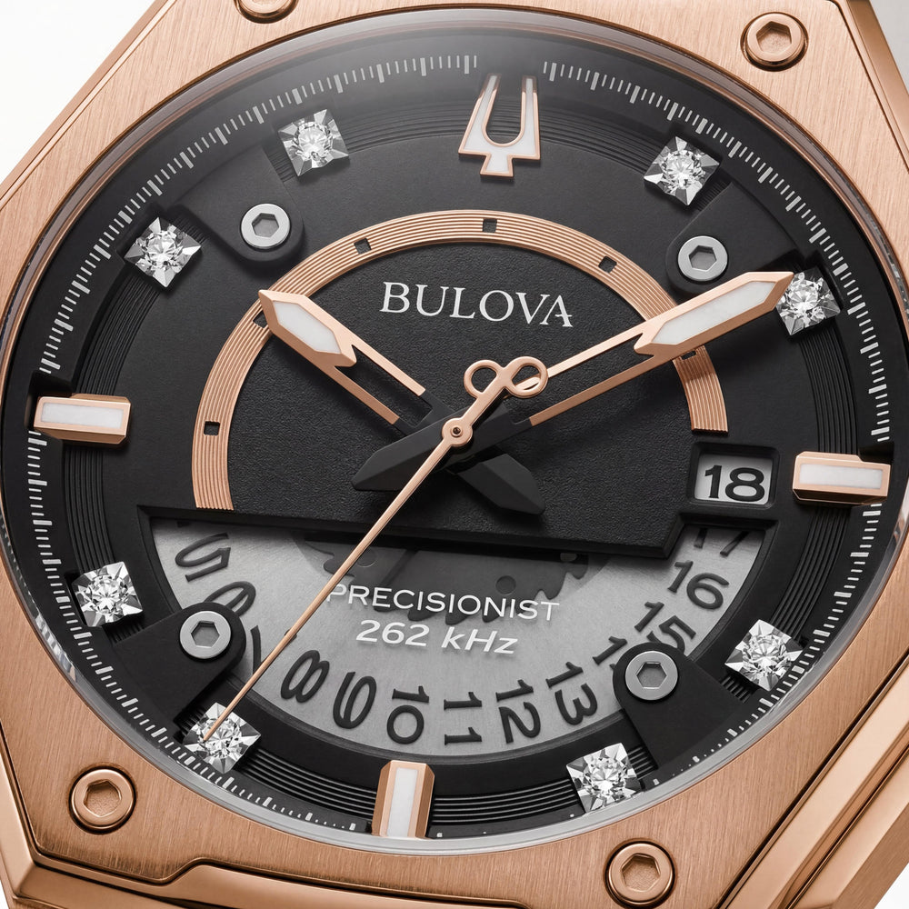 Reloj Bulova para hombre de la serie X de cuarzo, brazalete de acero inoxidable en tono oro rosa, diamantes luminosos y esfera negra de 47 mm