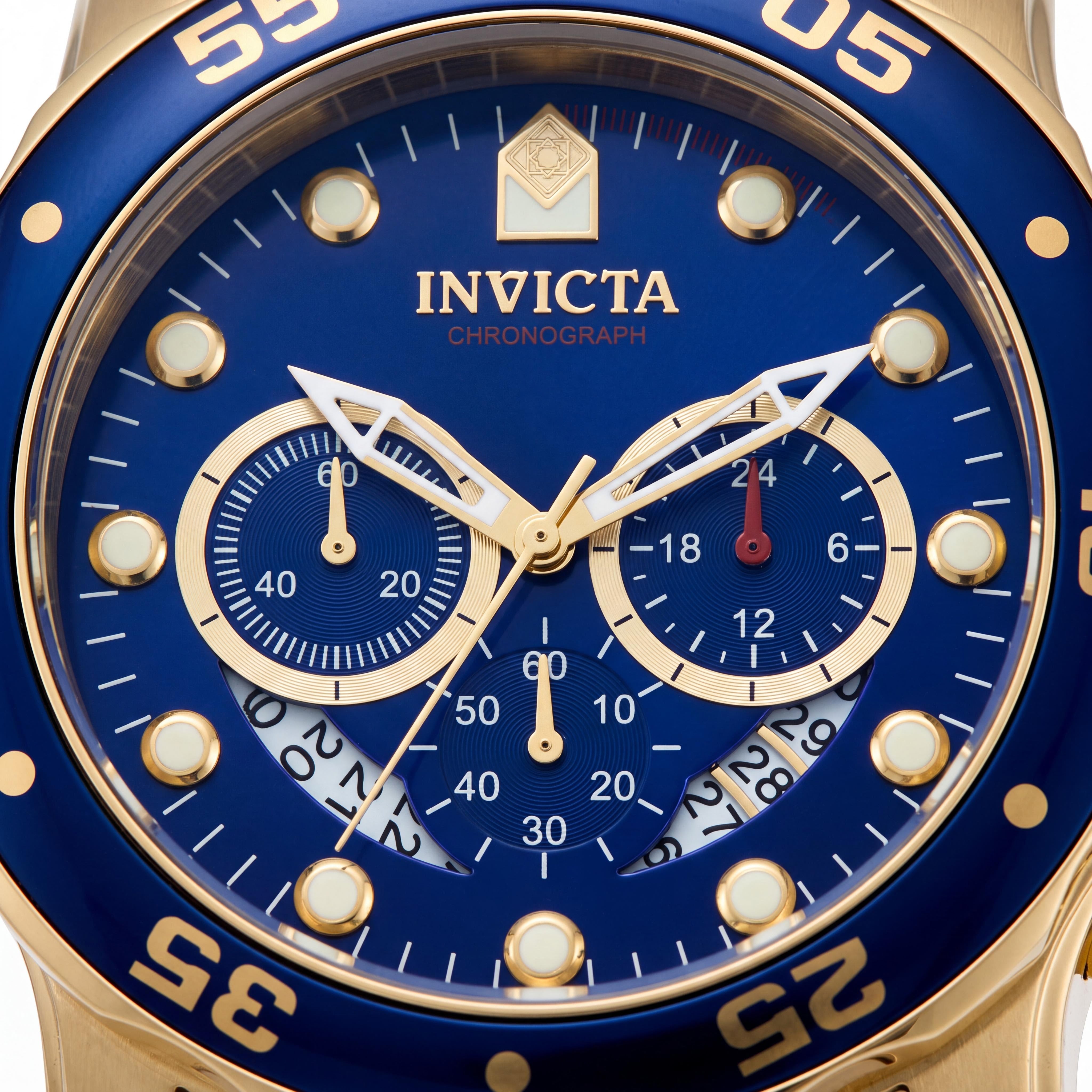 Reloj Invicta para hombre Pro Diver cronógrafo caja de acero inoxidable dorada, esfera azul, correa de poliuretano blanca 48 mm, Photo 2