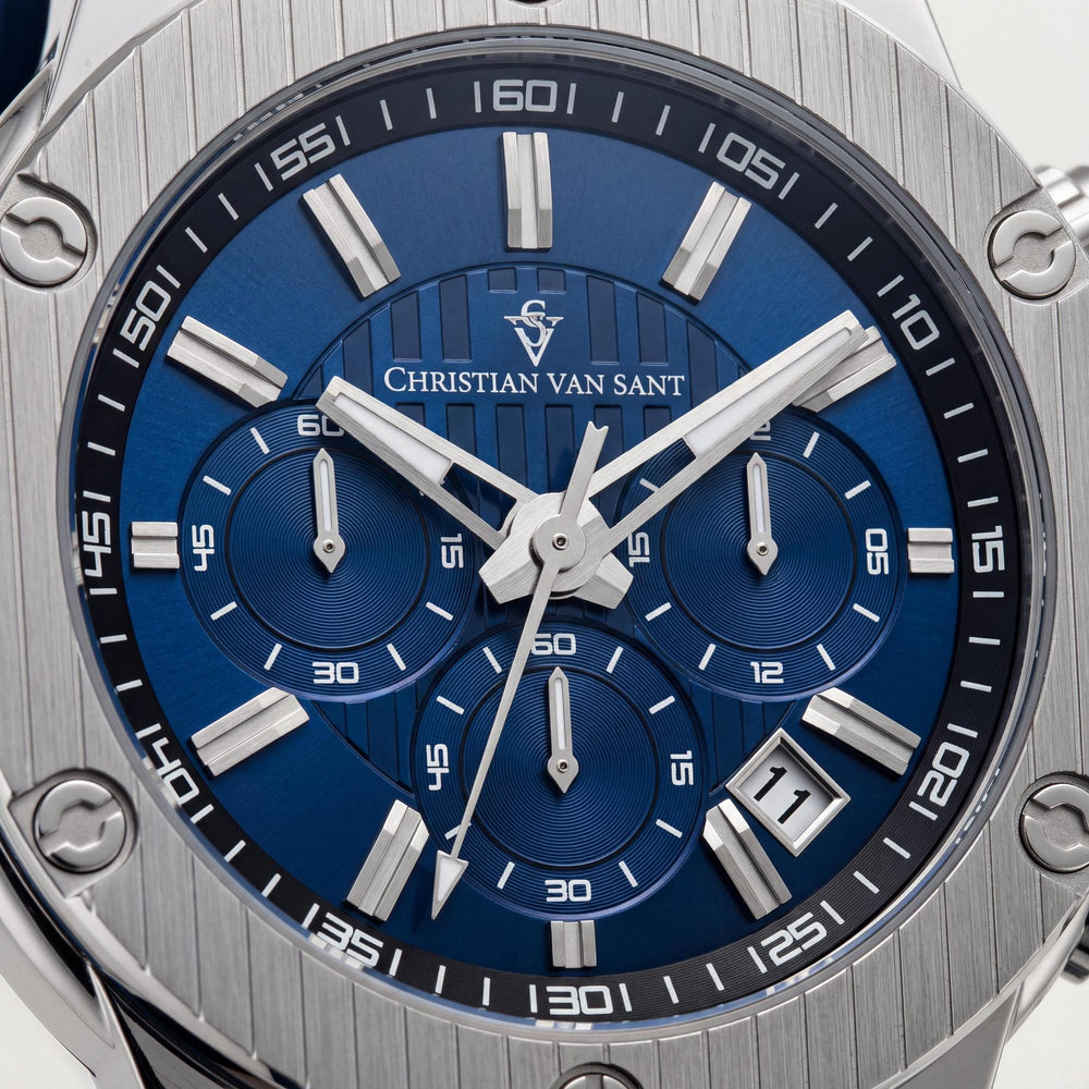 Christian Van Sant CV8142 Reloj de cuarzo moderno para hombre, de acero inoxidable azul y caucho, resistente al agua, correa de 7.5 pulgadas