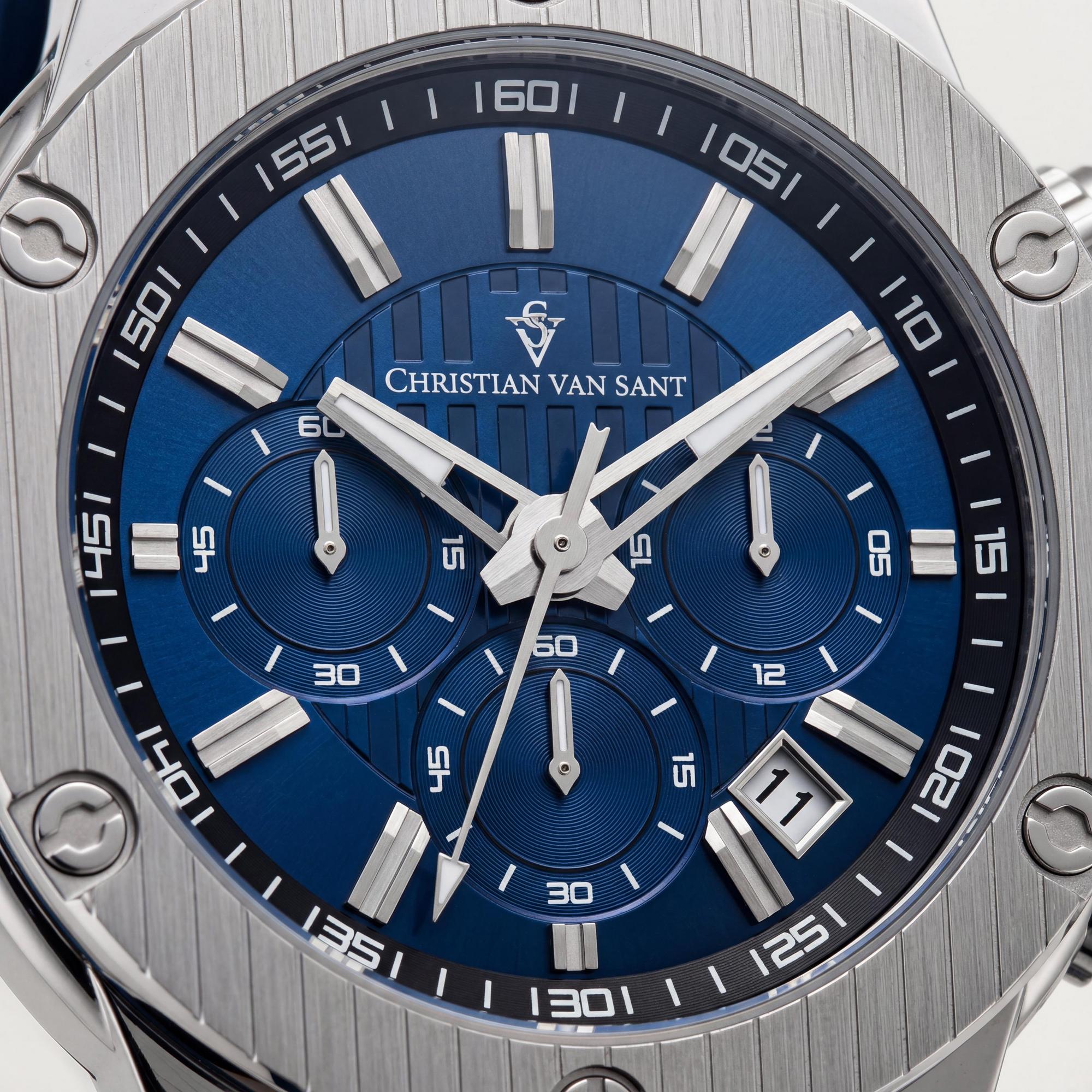 Christian Van Sant CV8142 Men's Modern Blue Stainless Steel & Rubber Quartz Water Resistant Watch 7.5 Inch Band, Photo 2