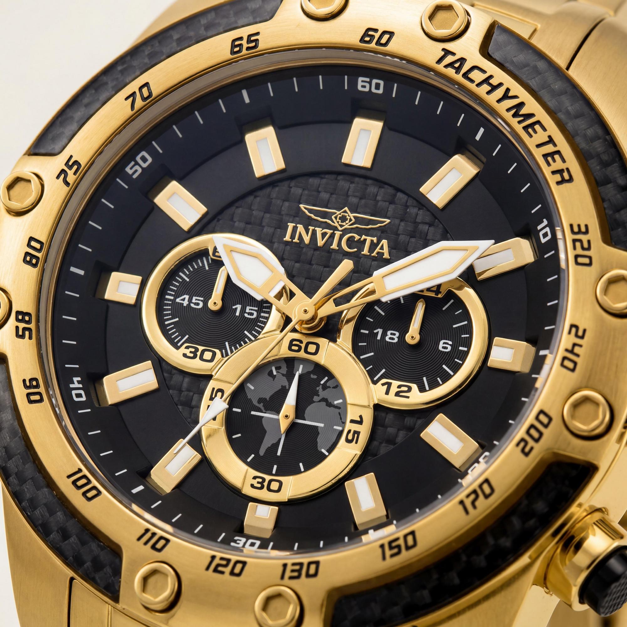 Reloj Invicta Speedway Cronógrafo para hombre, esfera negra en tono dorado, movimiento de cuarzo GMT de doble horario, resistente al agua hasta 10 ATM, 50 mm, Photo 2
