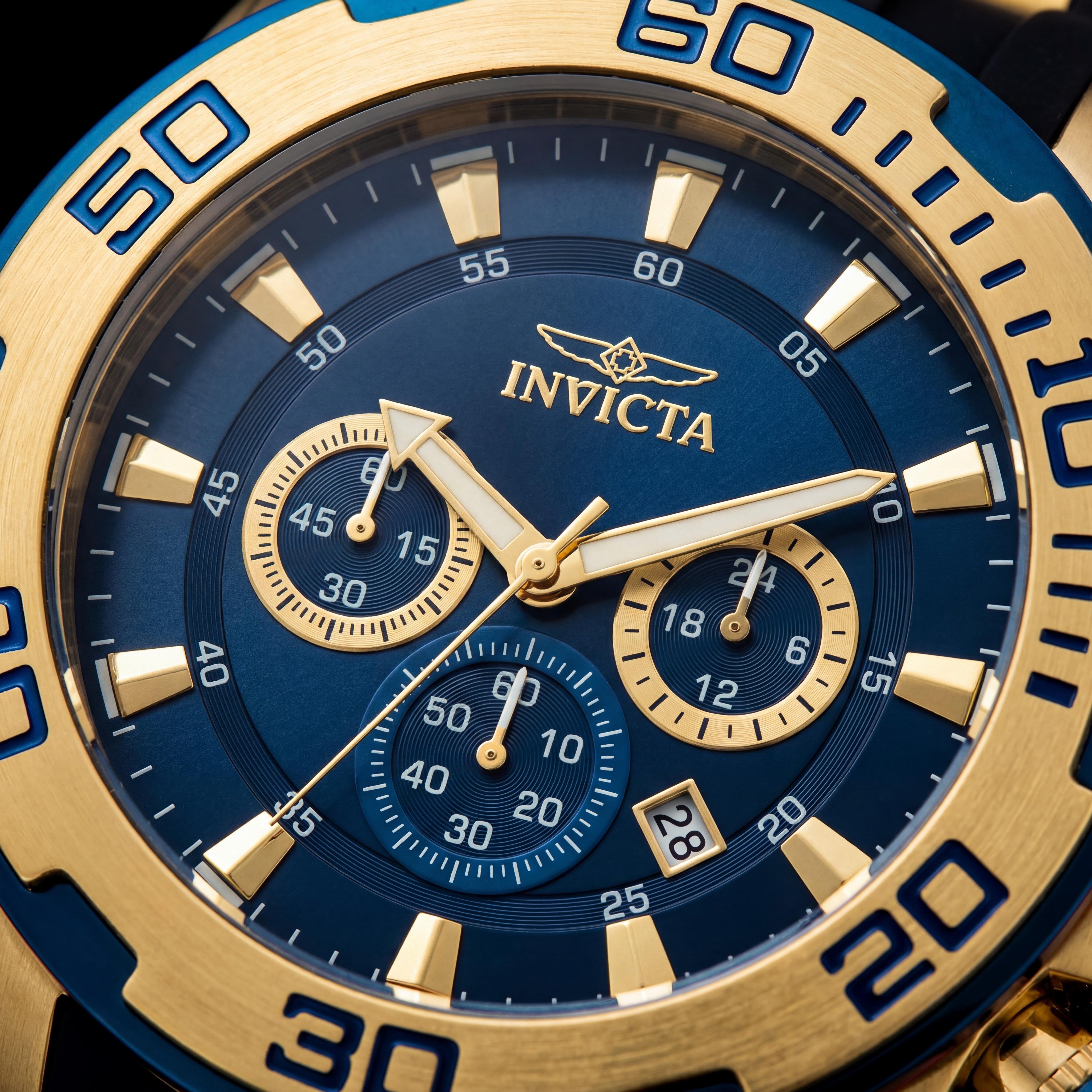 Invicta Men's Pro Diver Chronograph Yellow Gold Plated Stainless Steel & Black Silicone Blue Dial Watch, 50mm, Photo 2