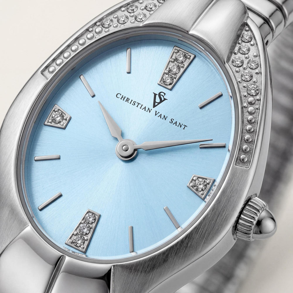 Reloj Christian Van Sant para mujer, de cuarzo, resistente al agua, con caja y pulsera de acero inoxidable y esfera azul.
