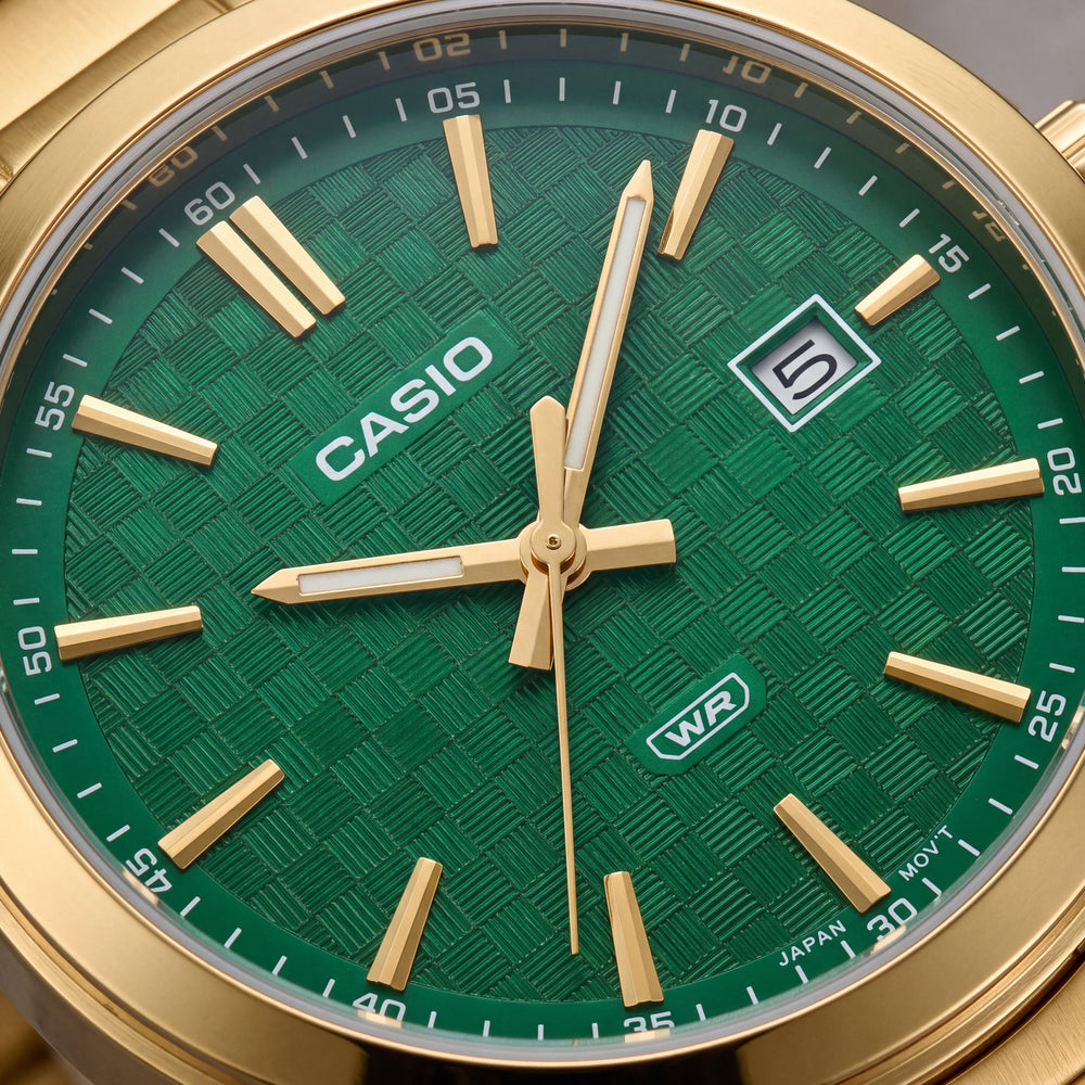 Casio MTP-VD03G-3A Unisex Analog Watch featuring Gold Green Frame, Date Display, and Water Resistant Design