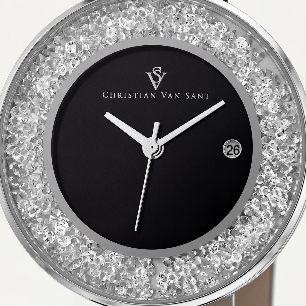 Reloj de cuarzo negro para mujer de Christian Van Sant con fecha y cristal mineral resistente a arañazos.