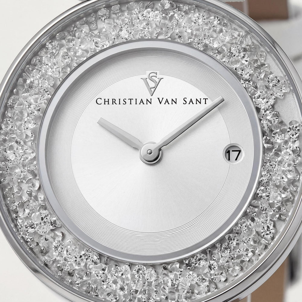 Reloj Christian Van Sant CV1220 de cuarzo para mujer con esfera plateada, indicador de fecha y cristal mineral resistente a arañazos