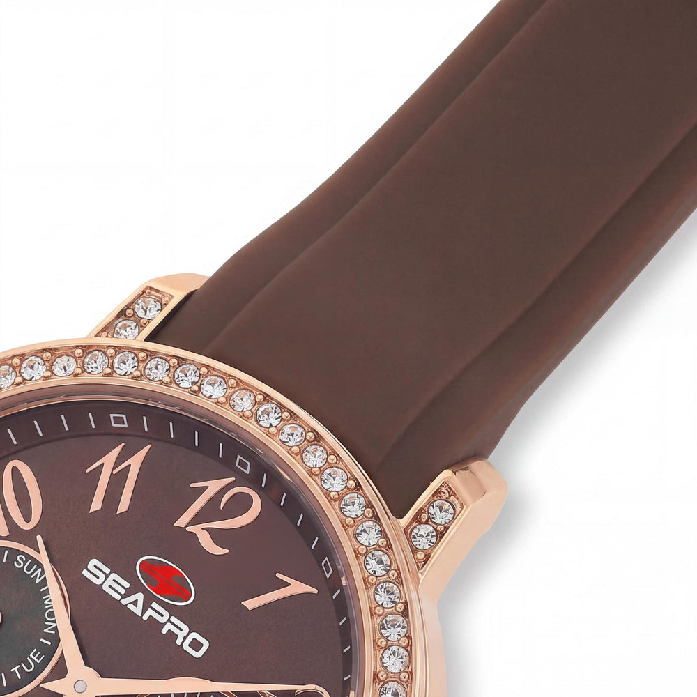 Reloj Seapro Casual para mujer, esfera marrón, acero inoxidable, silicona, cuarzo, 37 mm, resistente al agua
