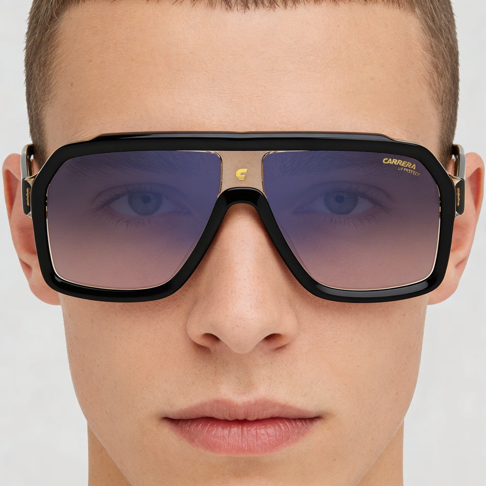 Gafas de sol Carrera Classic unisex de acetato, montura negra, beige y marrón, lentes de espejo azul con degradado marrón, protección UV de 60 mm.