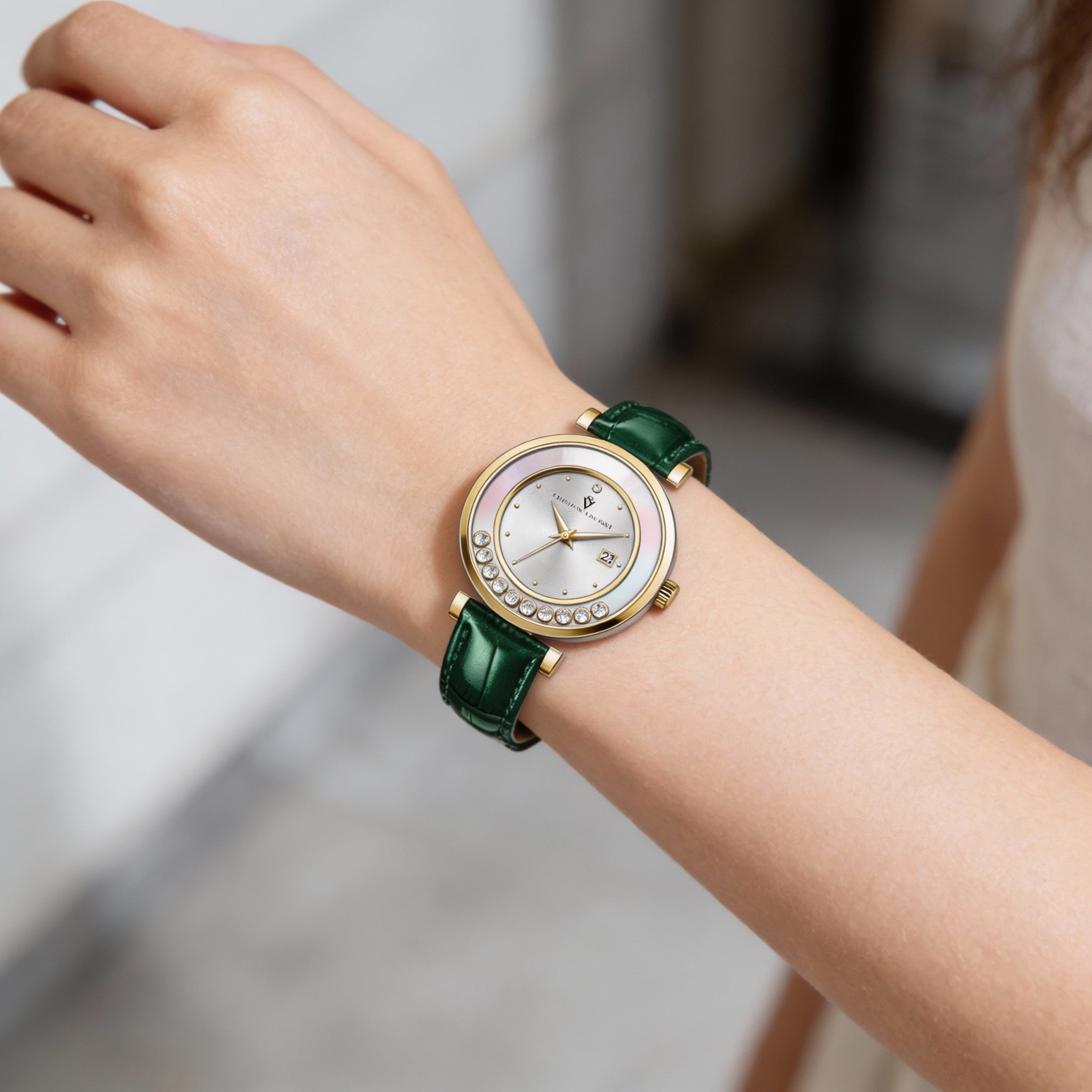 Christian Van Sant Modern Women's Silver-Tone Stainless Steel Leather Strap Quartz Water Resistant Watch, Photo 2