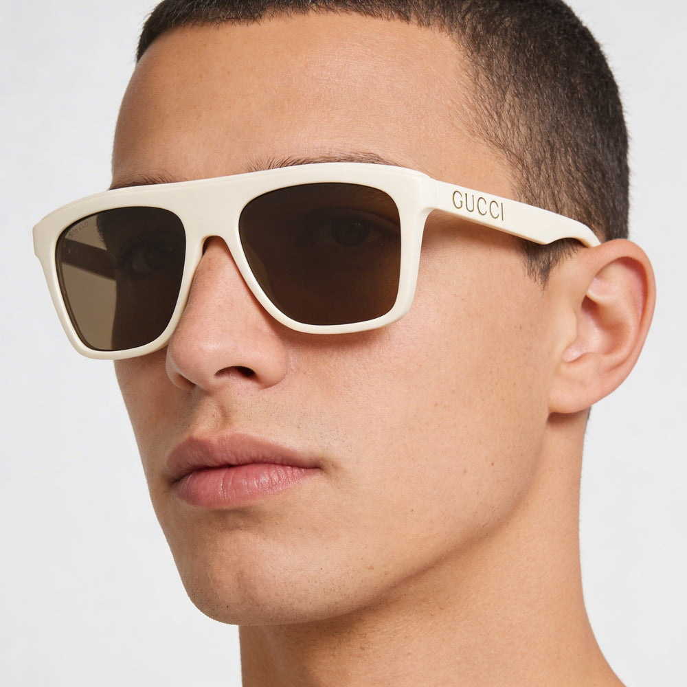 Gafas de sol Gucci para hombre, cuadradas o rectangulares, de plástico, color blanco y marrón, 57 mm