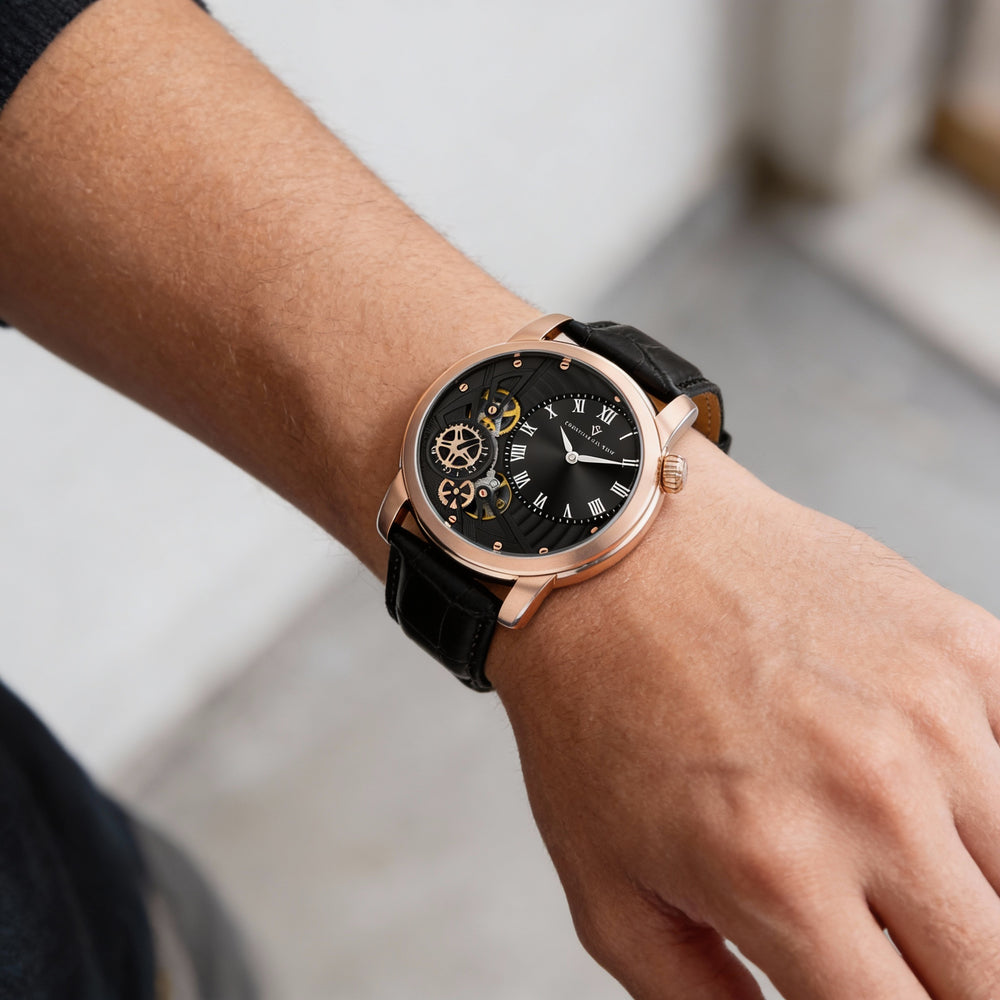 Christian Van Sant Quartz Movement Men's Stainless Steel Case Leather Strap Black Dial Water Resistant Watch