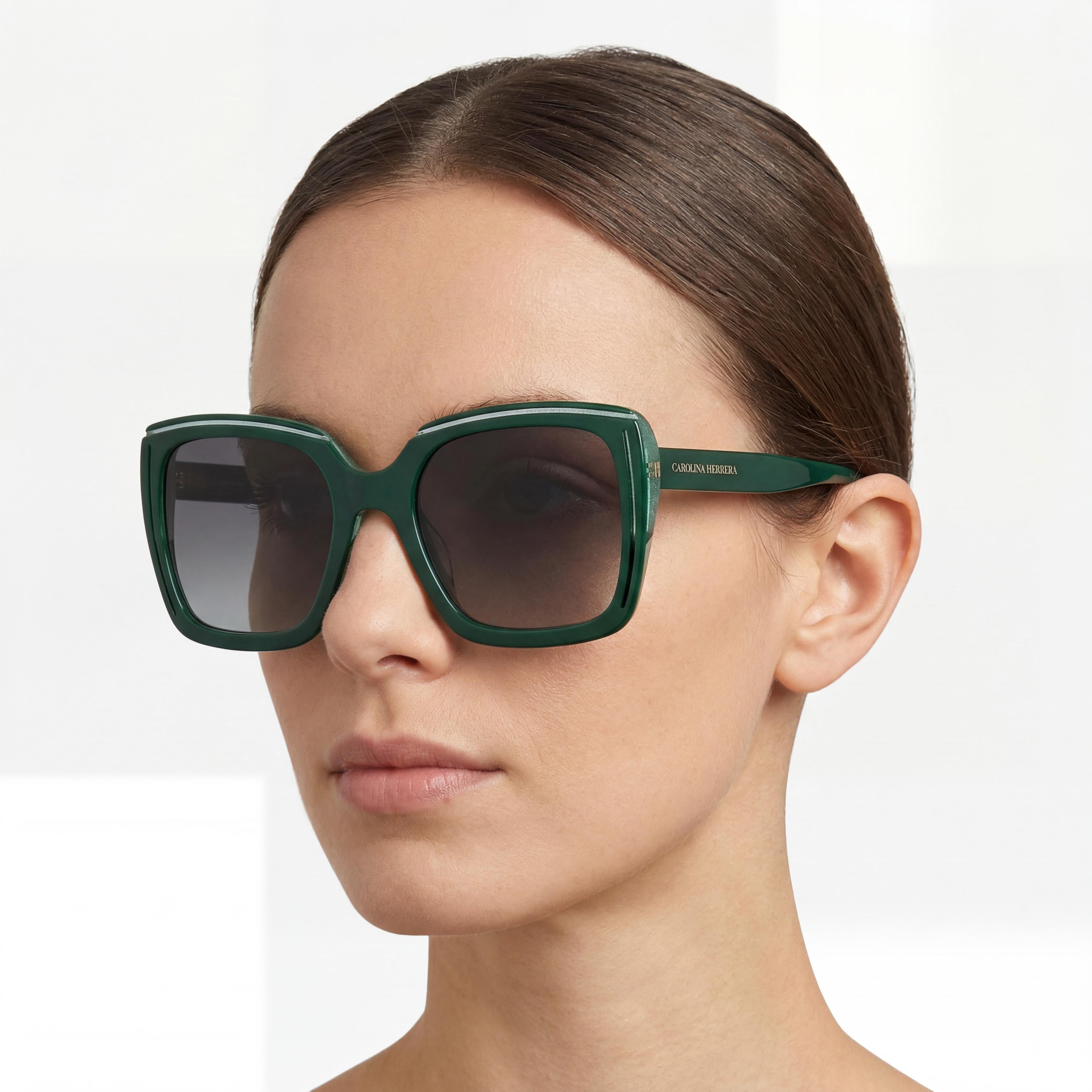 Carolina Herrera Contemporary Women's Green Glitter Acetate Frame Grey Green Lens UV Protected Sunglasses 53mm, Photo 3