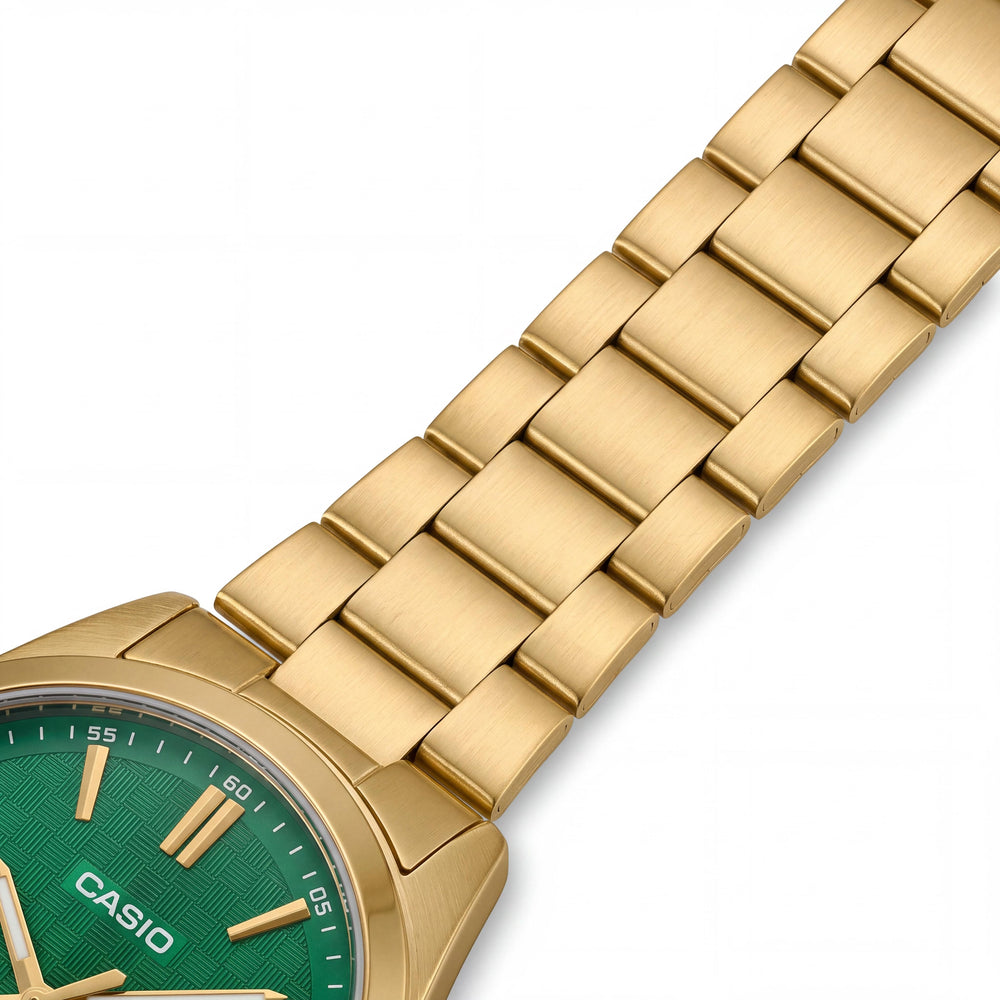 Casio MTP-VD03G-3A Unisex Analog Watch featuring Gold Green Frame, Date Display, and Water Resistant Design
