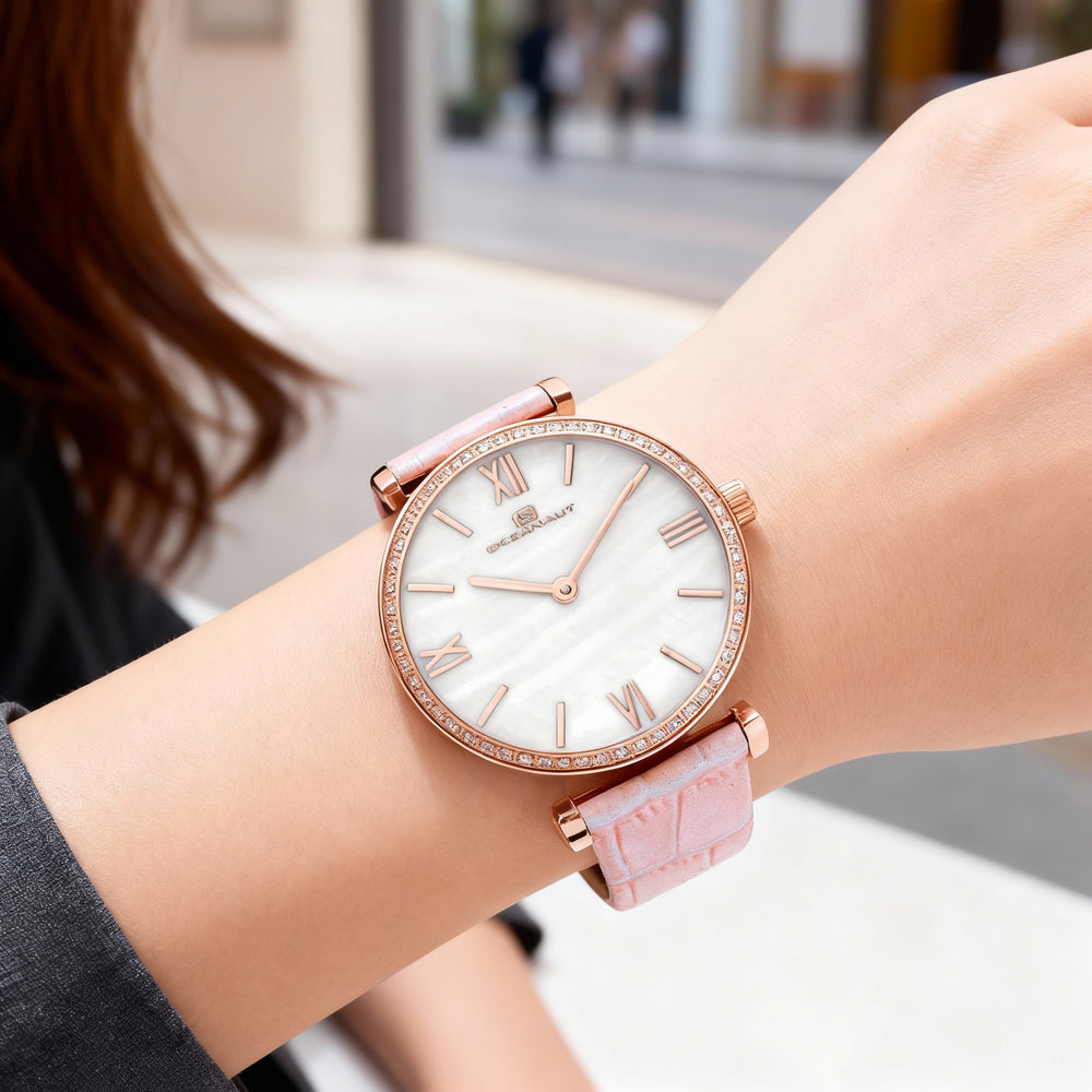 Reloj Oceanaut Casual de cuarzo para mujer, resistente al agua, de 42 mm, acero inoxidable blanco, bisel de cristal y esfera de nácar.