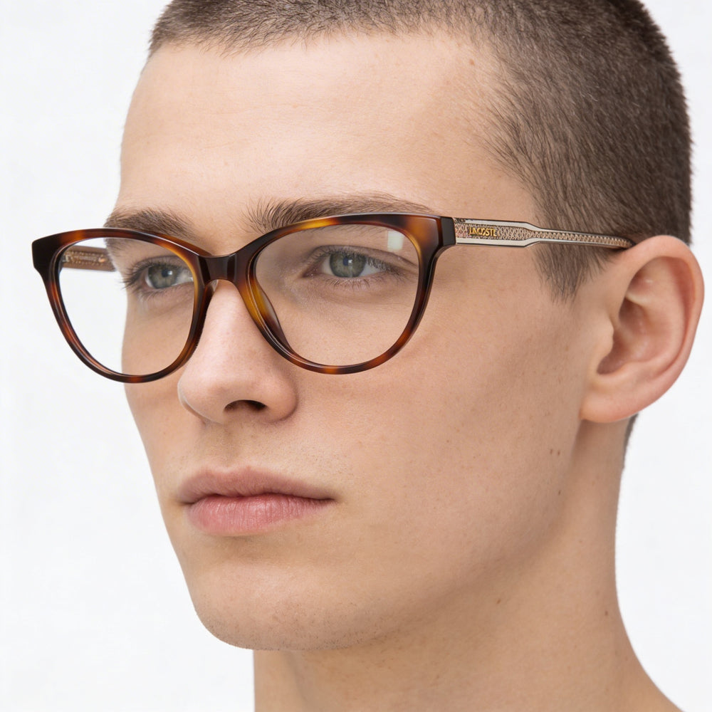 Gafas Unisex Lacoste con Montura de Metal Moderna en Havana, Aptas para Graduación con Lentes de Demostración Transparentes, 53mm