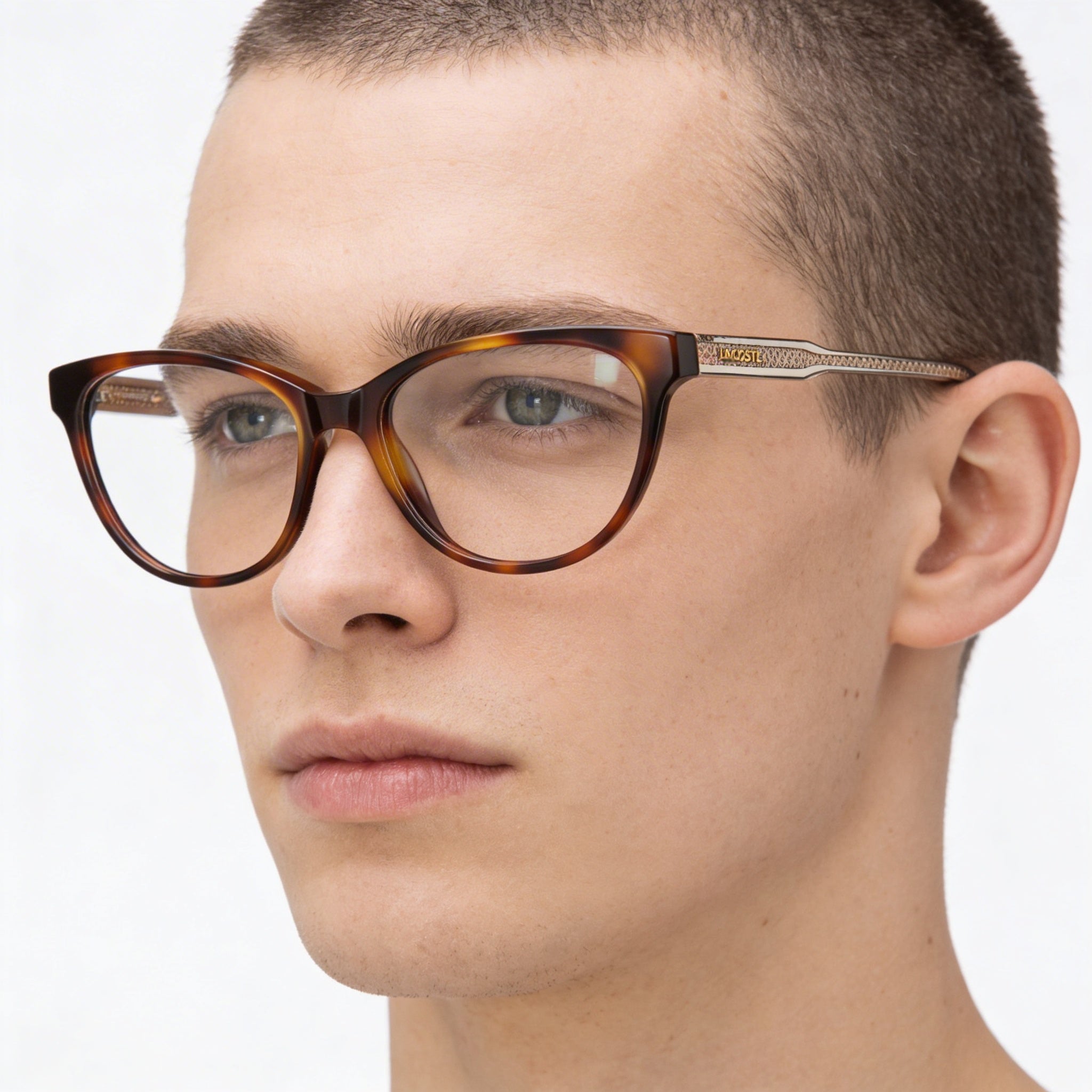 Gafas Unisex Lacoste con Montura de Metal Moderna en Havana, Aptas para Graduación con Lentes de Demostración Transparentes, 53mm, Photo 3