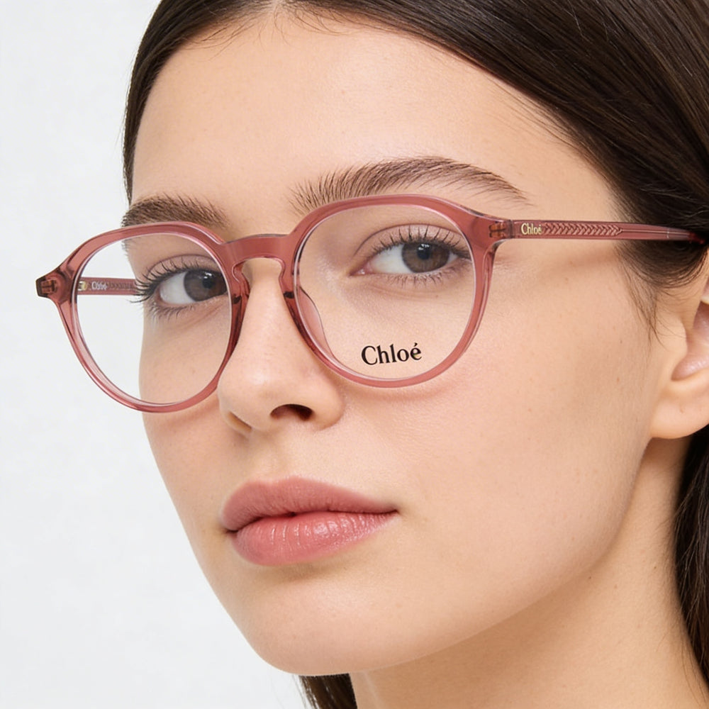 Chloe Ch0012o-006 Women's Eyeglasses Frame in Transparent Pink Plastic, featuring a 50mm Lens Width