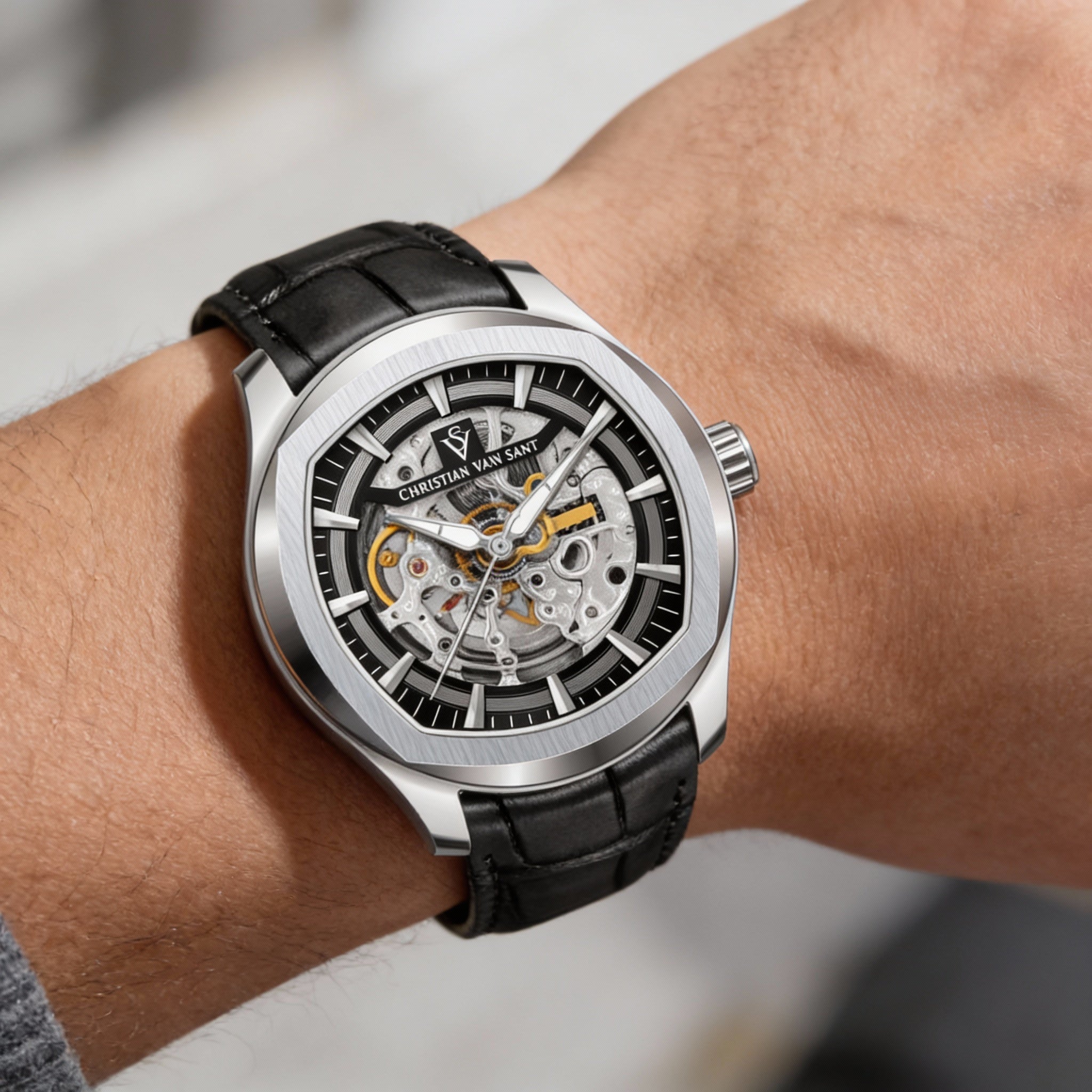 Christian Van Sant Strap Men's Automatic Movement Black Dial Stainless Steel Case Leather Band Watch, Photo 3