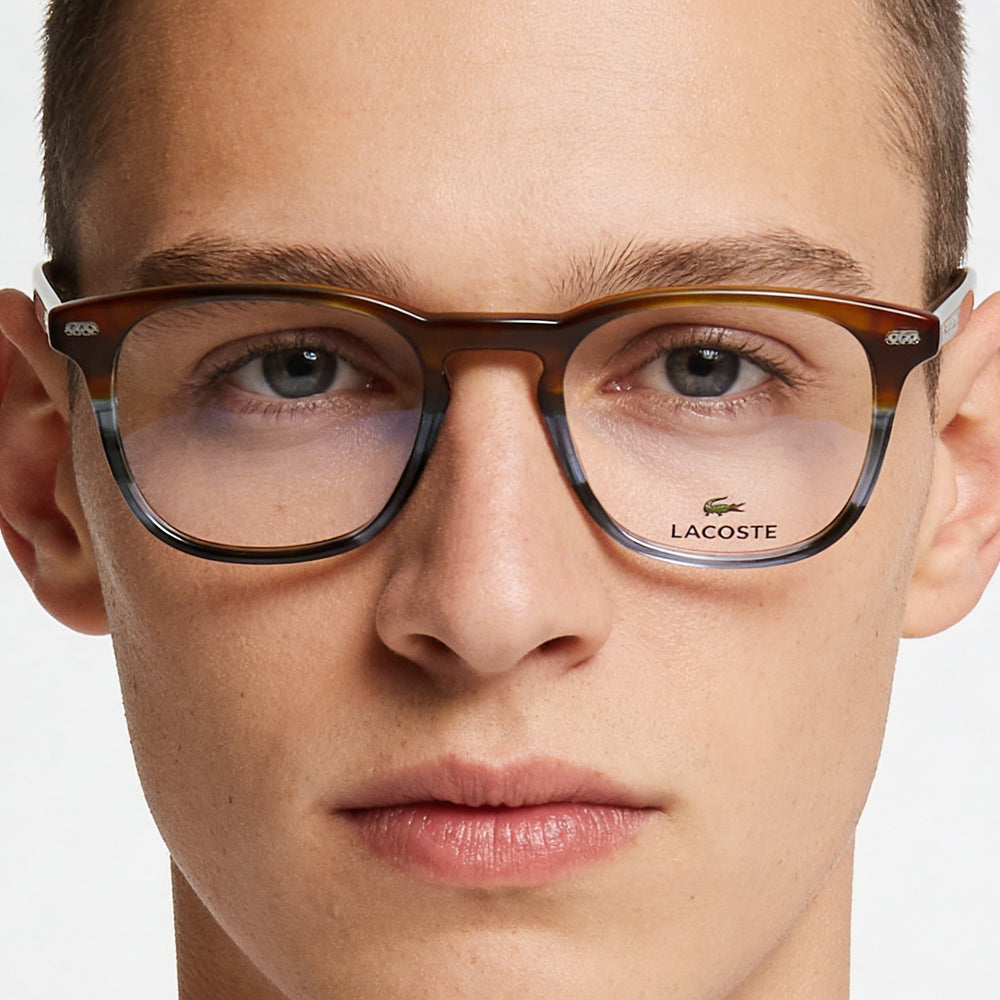 Lacoste Modern Unisex Metal Full Rim Square Eyeglasses with Polycarbonate Lenses Striped Brown/Blue 50mm