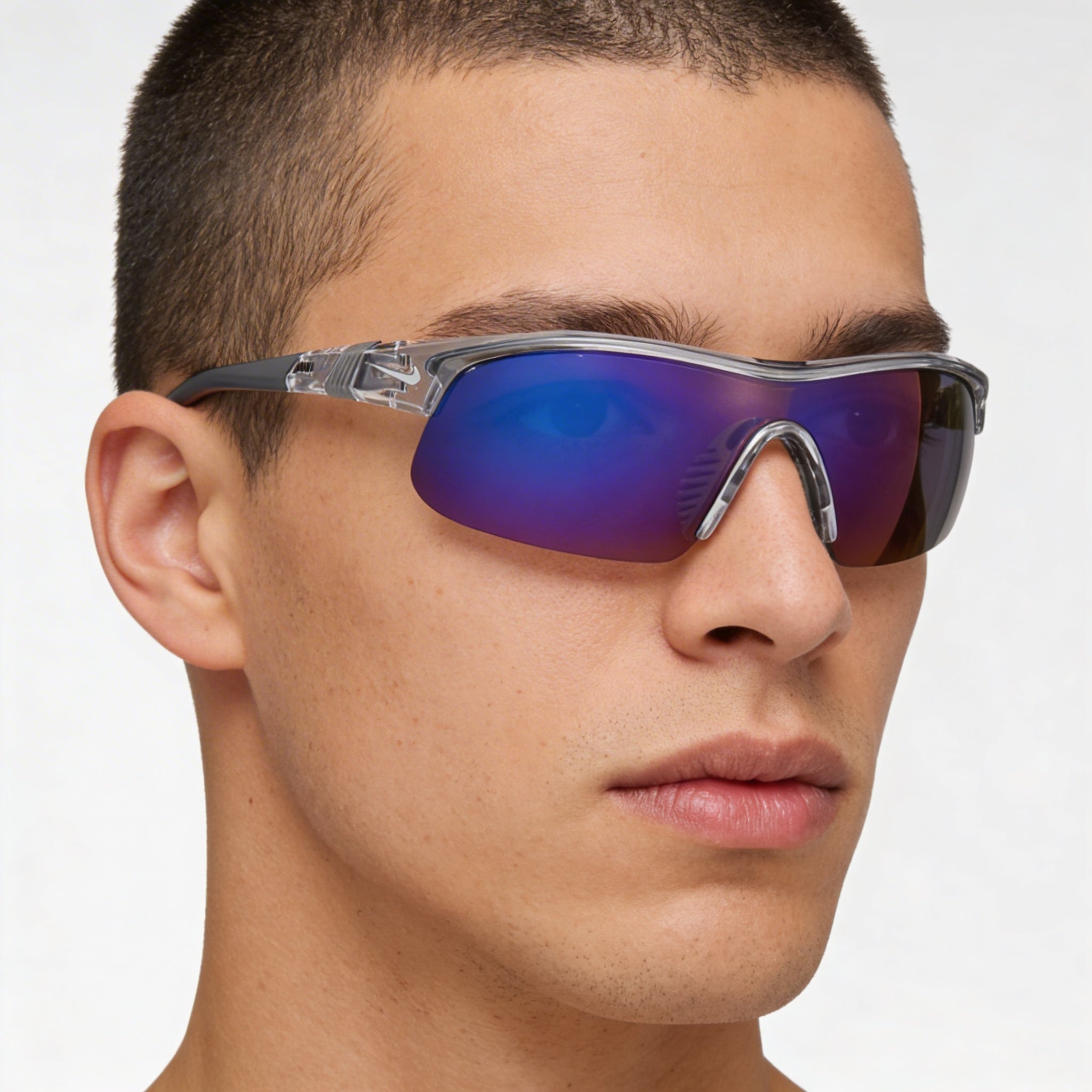 Nike Modern Men's Plastic Frame Sunglasses in Shiny Wolf Grey Blue Mirror with Blue Lenses 58mm, Photo 4