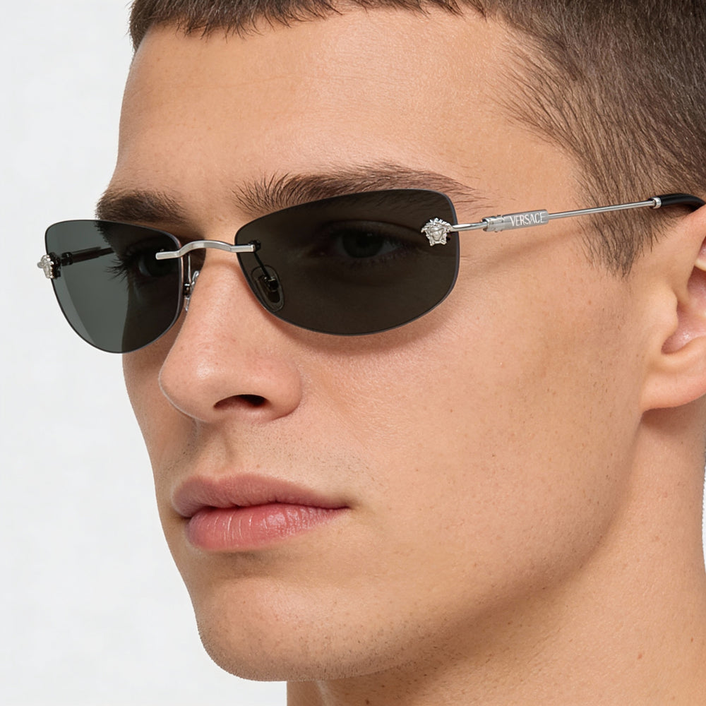 Versace Men's Ve 2279 Eyewear with Silver Metal Frame, Black Plastic Lenses, and 60mm Lens Width